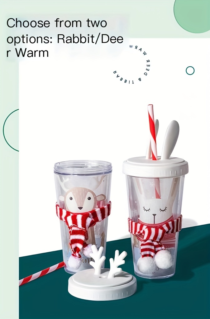 Cute Christmas Deer Rabbit Straw Cup, Creative Double Layer Plastic Cup,  For Christmas Gift - Temu