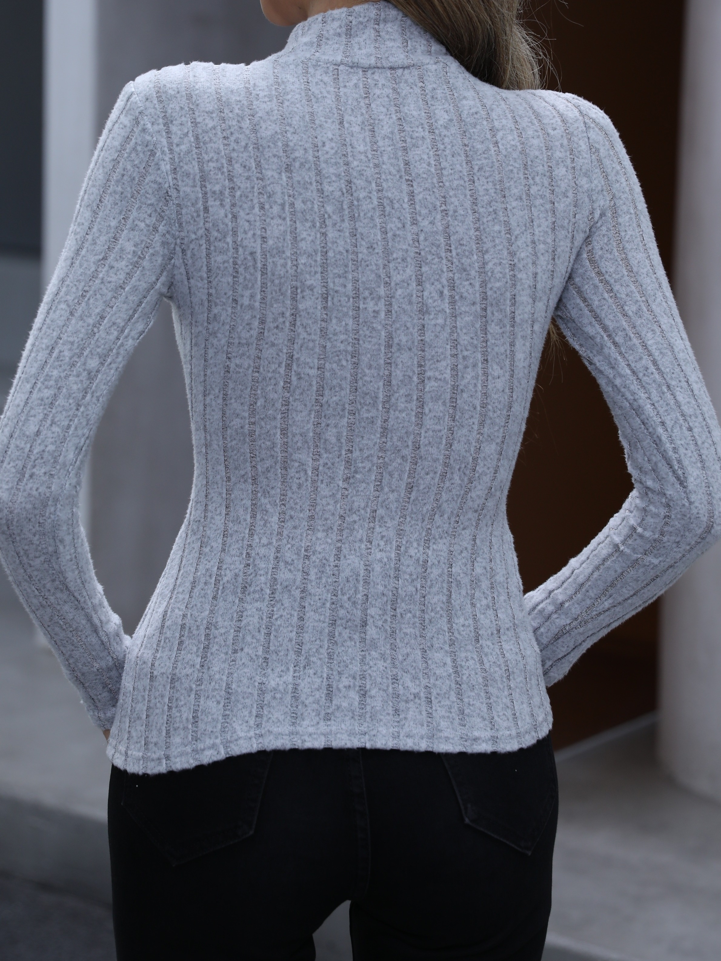 Solid Ribbed Turtleneck Top, Elegant Long Sleeve Top For Fall, Women's Clothing