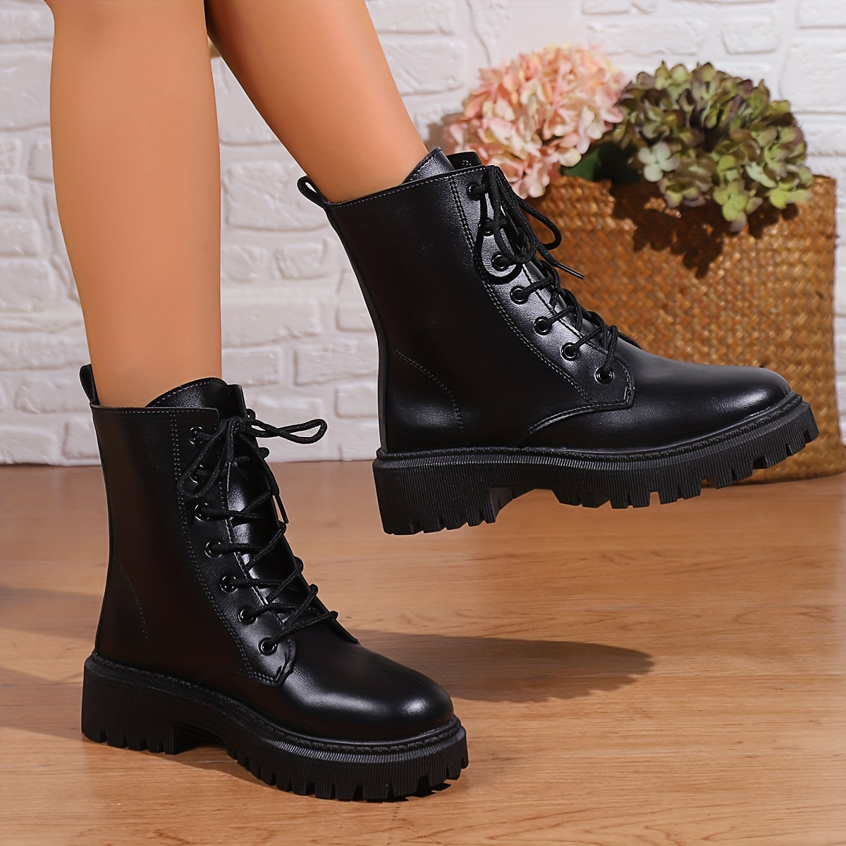 Women s Solid Color Chunky Heel Boots Fashion Lace Combat Temu