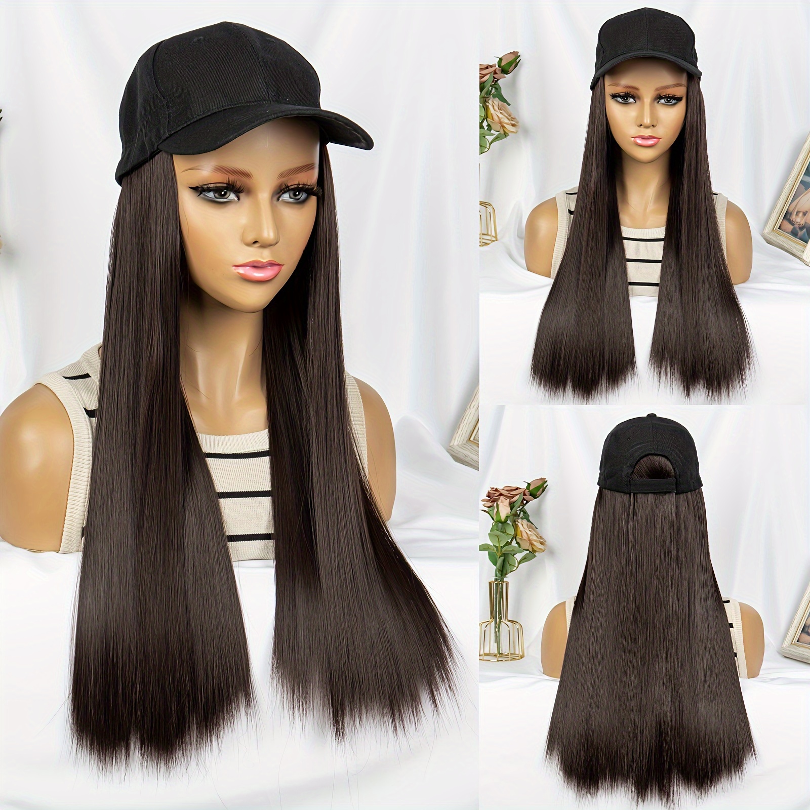 Hat Wig For Women Baseball Cap With Hair Extensions Adjustable Hat With Hair Attached For Women Synthetic Long Straight Hair Baseball Cap