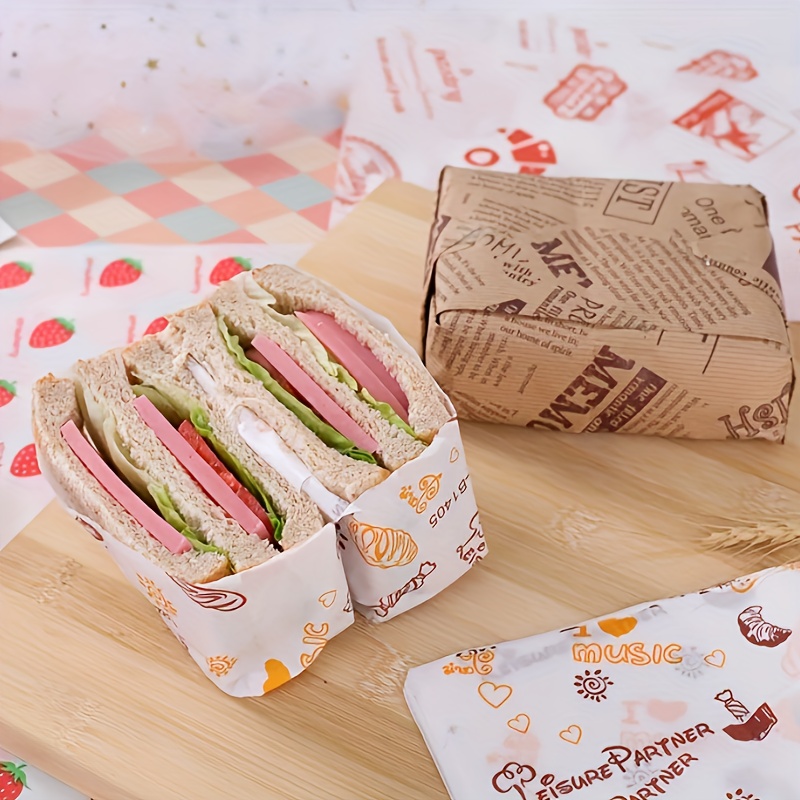 50pcs Oil Absorbing Sandwich Packaging Paper With Random Patterns, Sandwich  Wrapping Paper, Grease Proof Hamburger Paper, Grease Trap Bread Paper, Kit