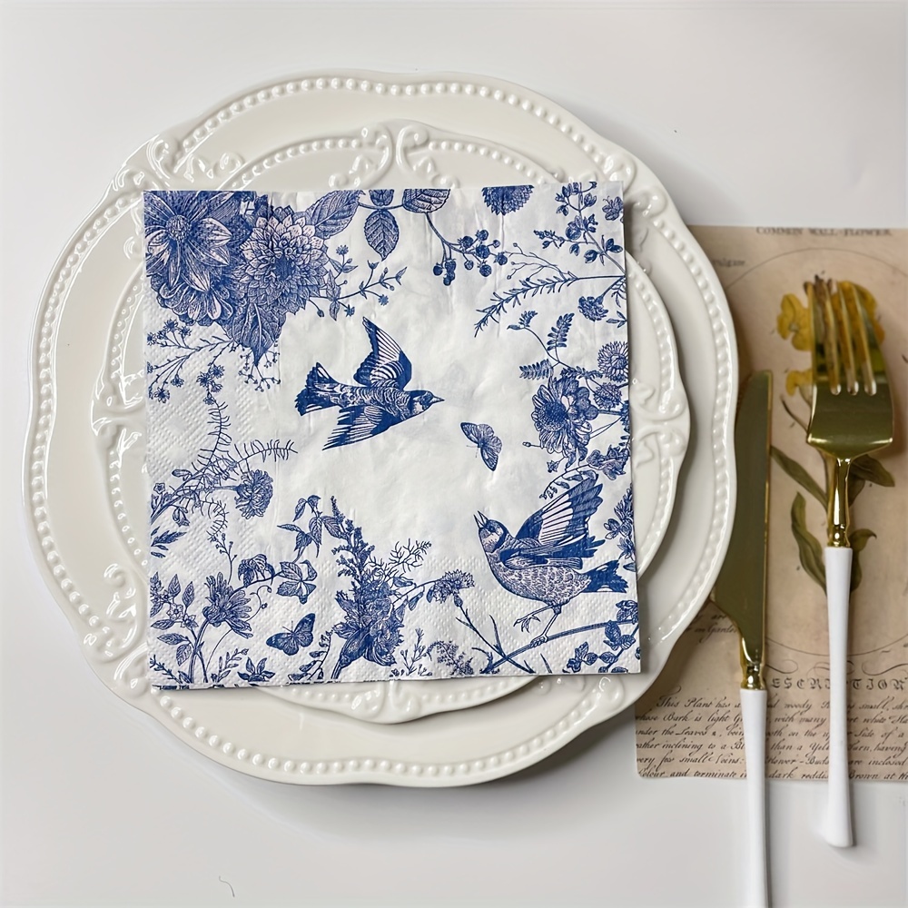 Blue + White Floral Paper Guest Towel Set