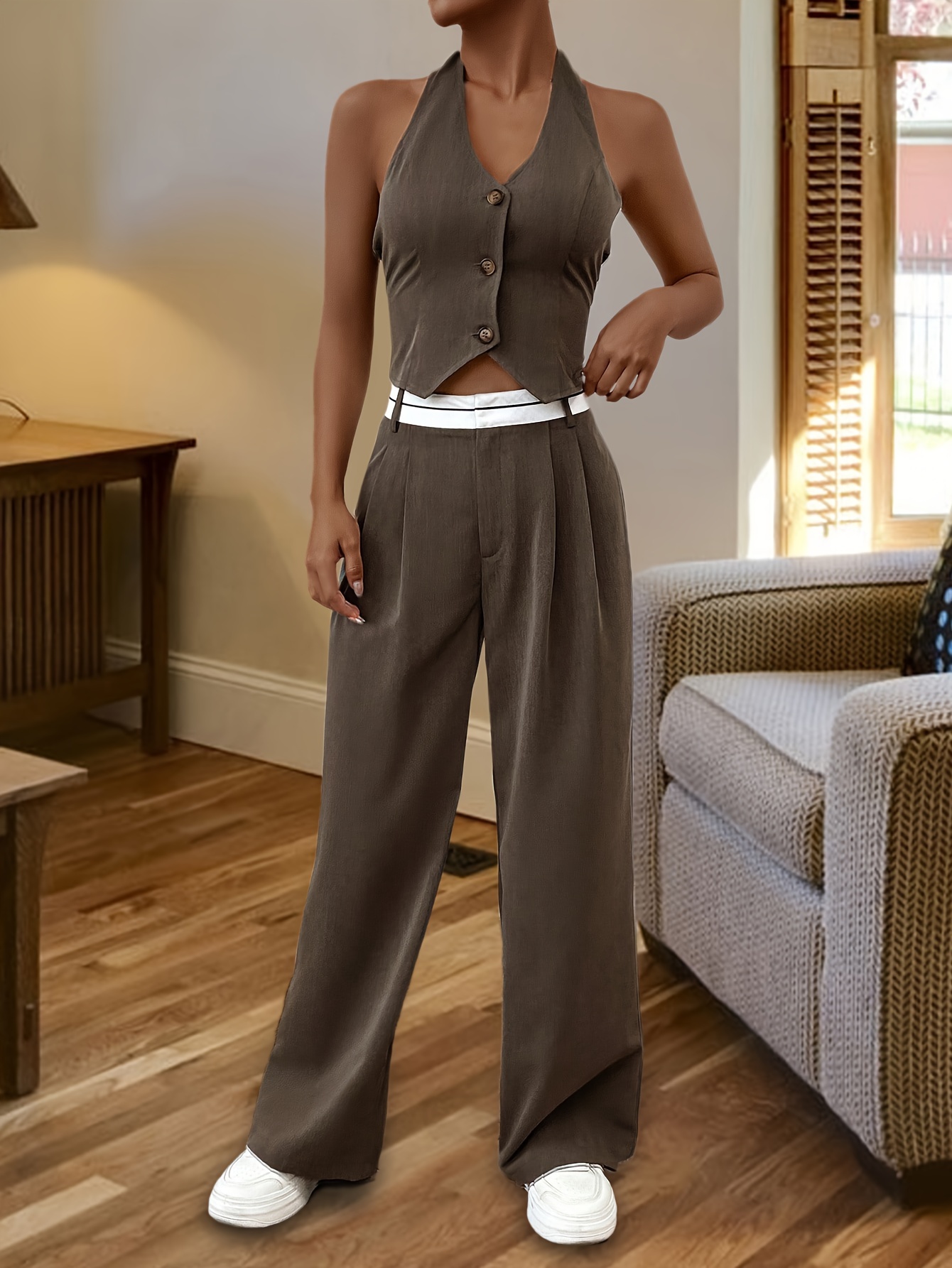 Solid Two piece Set Elegant Halter Neck Top Wide Leg Pants - Temu New  Zealand