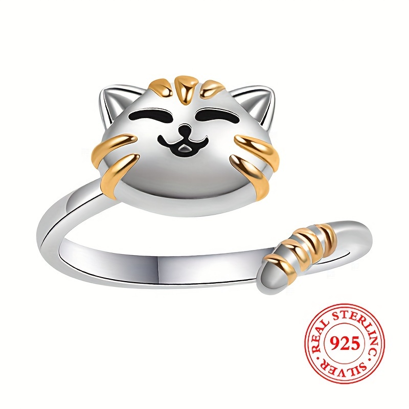 

925 Sterling Silver Wrap Ring Cute Rotatable Cat Design High Quality Fidget/ Anxiety Ring Sweet Gift For Family/ Friends/ Lover With Gift Box And Gift Card