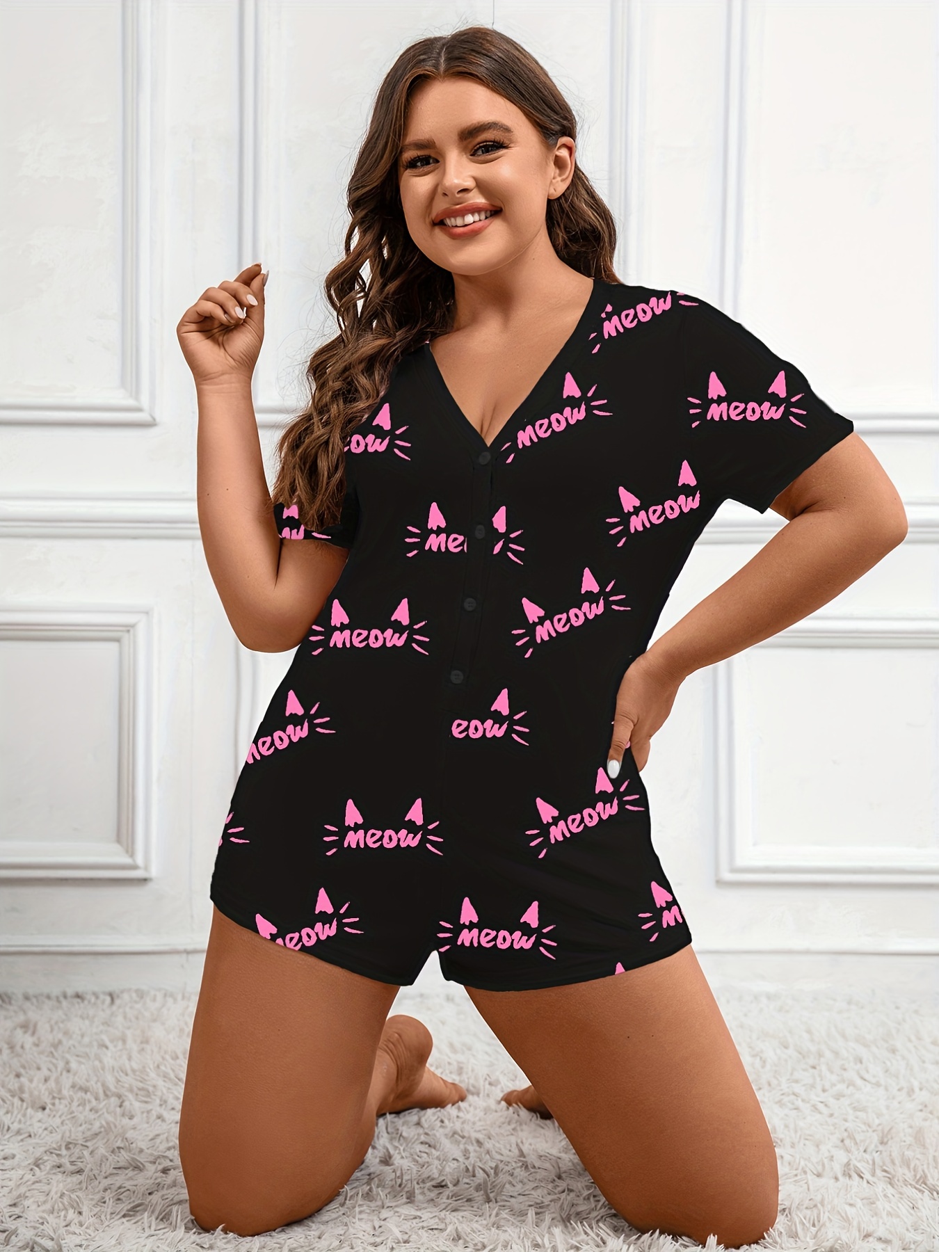 Plus Size Casual Pajama Romper Women s Plus Letter Print Temu