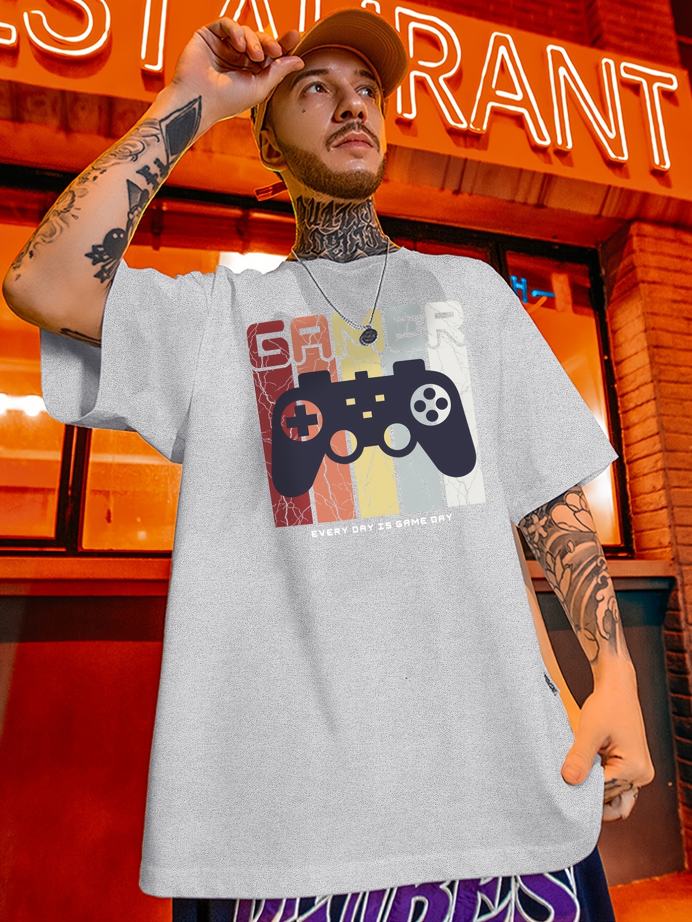 Temu Men's Plus Size'GAMER Evey Day Is Game Day' Print Plain Color Crew Neck T-Shirt, Blouses, Tee, Oversized Short Sleeve Tops Sweat Resistant Loose