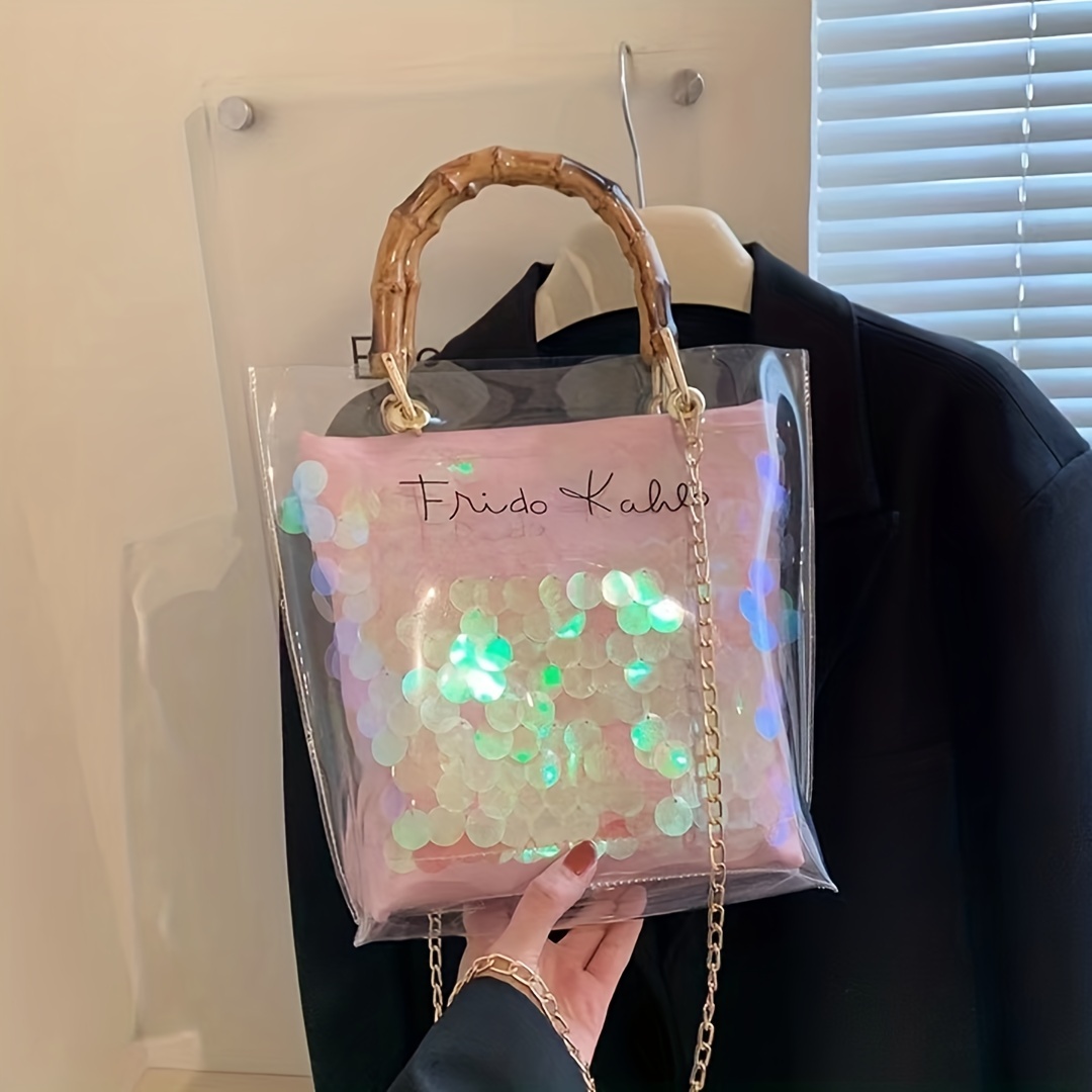 Sequin Colorful Straw Bag With Leather Handles, French Basket Bag