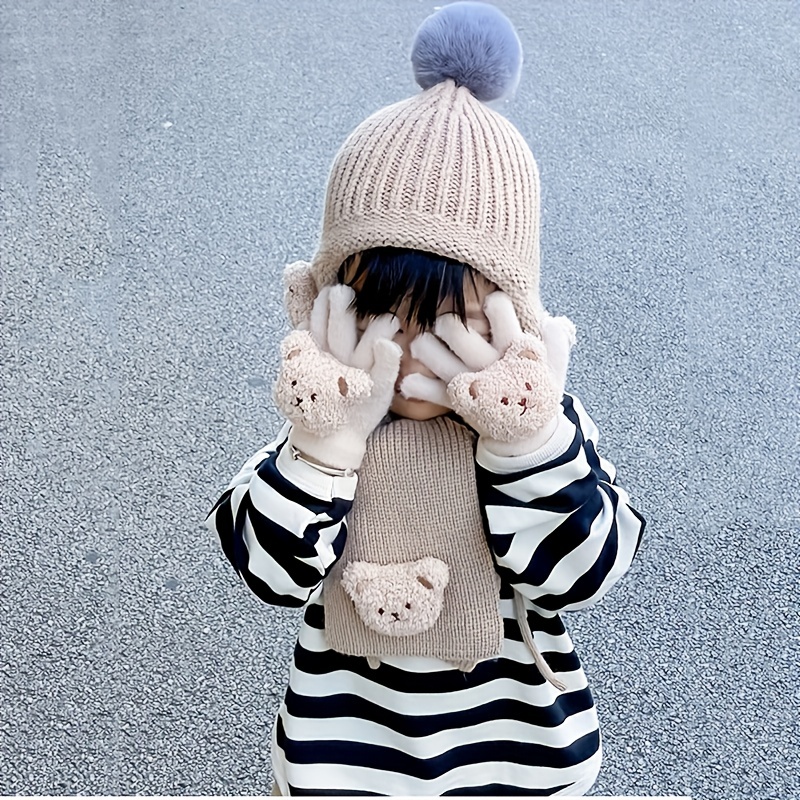 2pcs+1pair/set Boys Knitted Hat Beanie, Scarf, and Gloves, Warm Winter Set,Temu