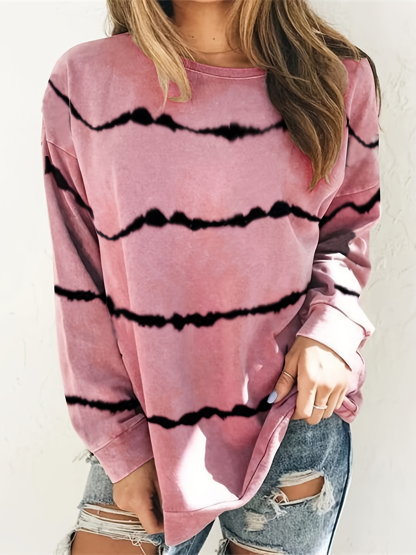 Plus Size Tie Dye Strip Print Long Sleeve Sweatshirt Womens Temu 1704