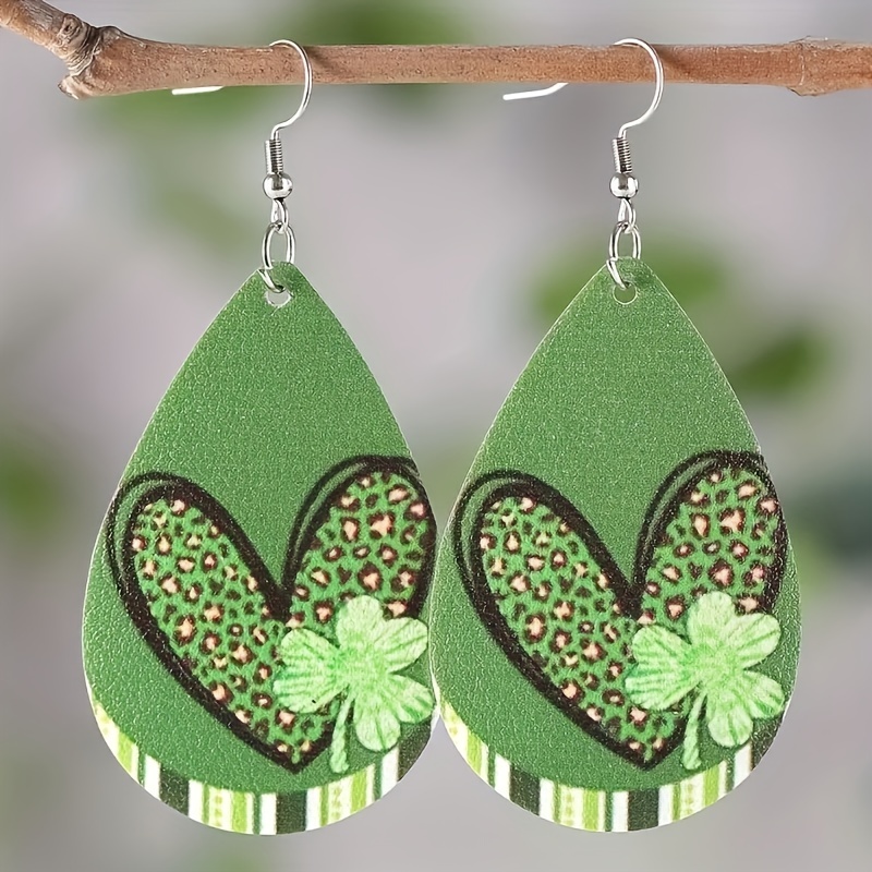 St. Patrick's Day Green Heart Print Drop Earrings For - Temu