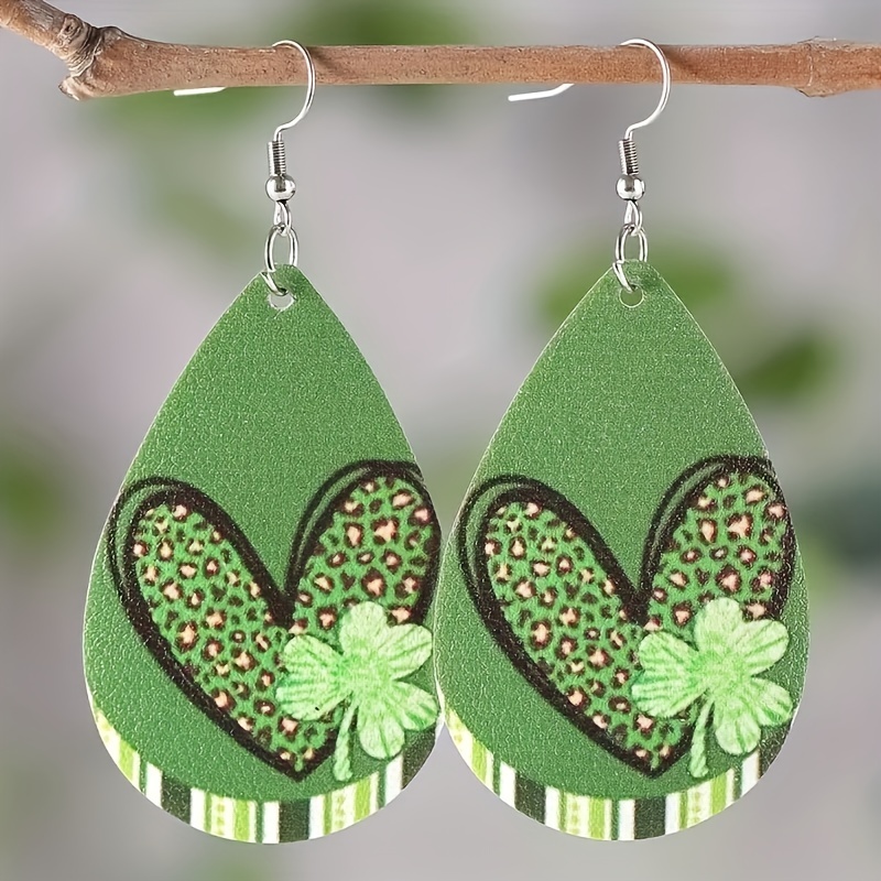 St Patrick's Green Heart Print Drop Earrings For Men Boys