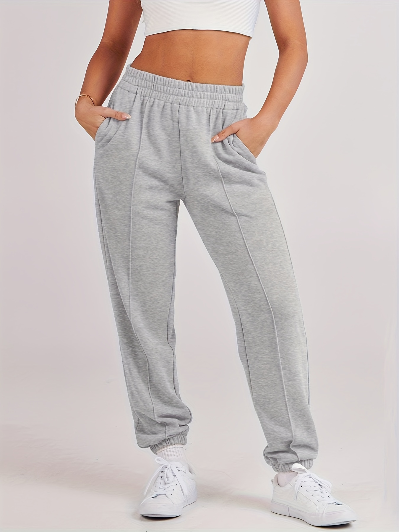 Casual Solid Fleece Lounge Pants Elastic High Waist Joggers - Temu