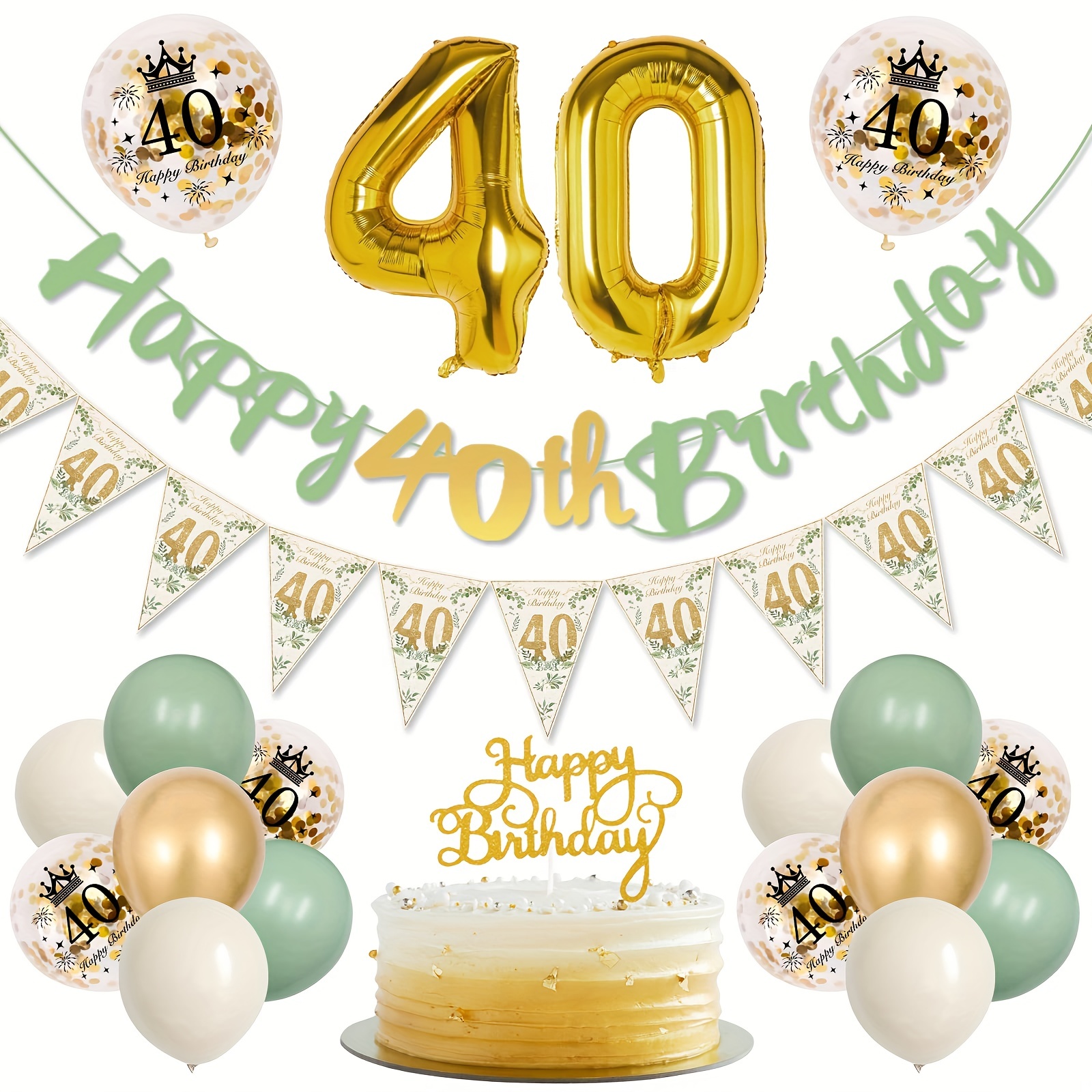 

Set, 40th Birthday Decoration Women, Green Golden Balloon 40th Birthday Decoration With Bunting Banner, Birthday Decoration 40th Happy Birthday Banner For Women Man 40th Birthday Decoration