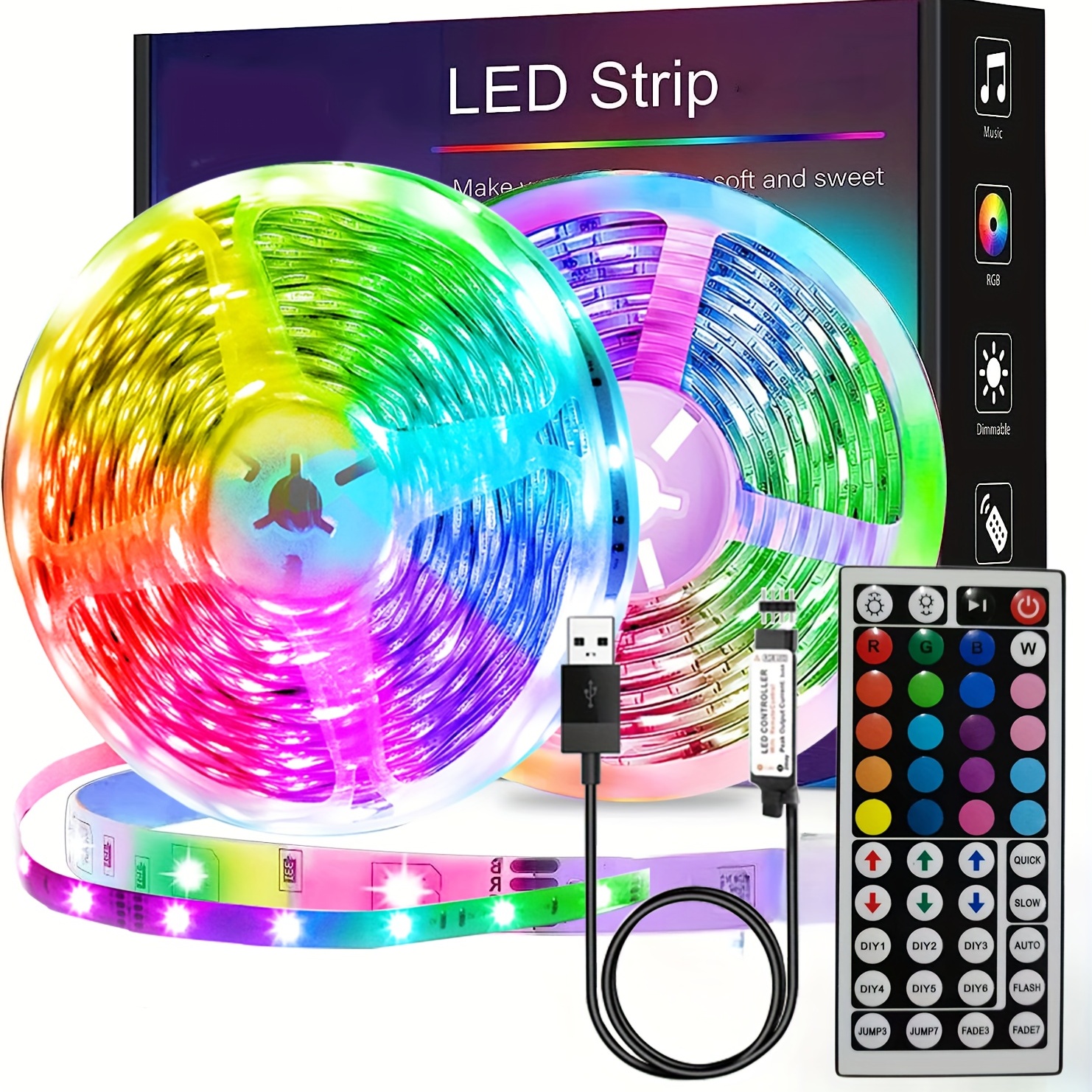 Bande lumineuse RGB LED, DC 5V, télécommande, 5050, 30 diodes/m