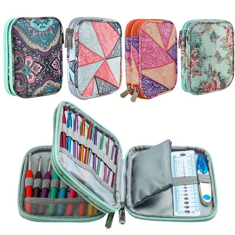 

1pc Portable Crochet Hook Storage Bag, Large Capacity Double Layer Handheld Sewing Tool Organizer, Knitting Needle Fabric Pouch, Printed Pattern Zip Case, Random Zipper Color