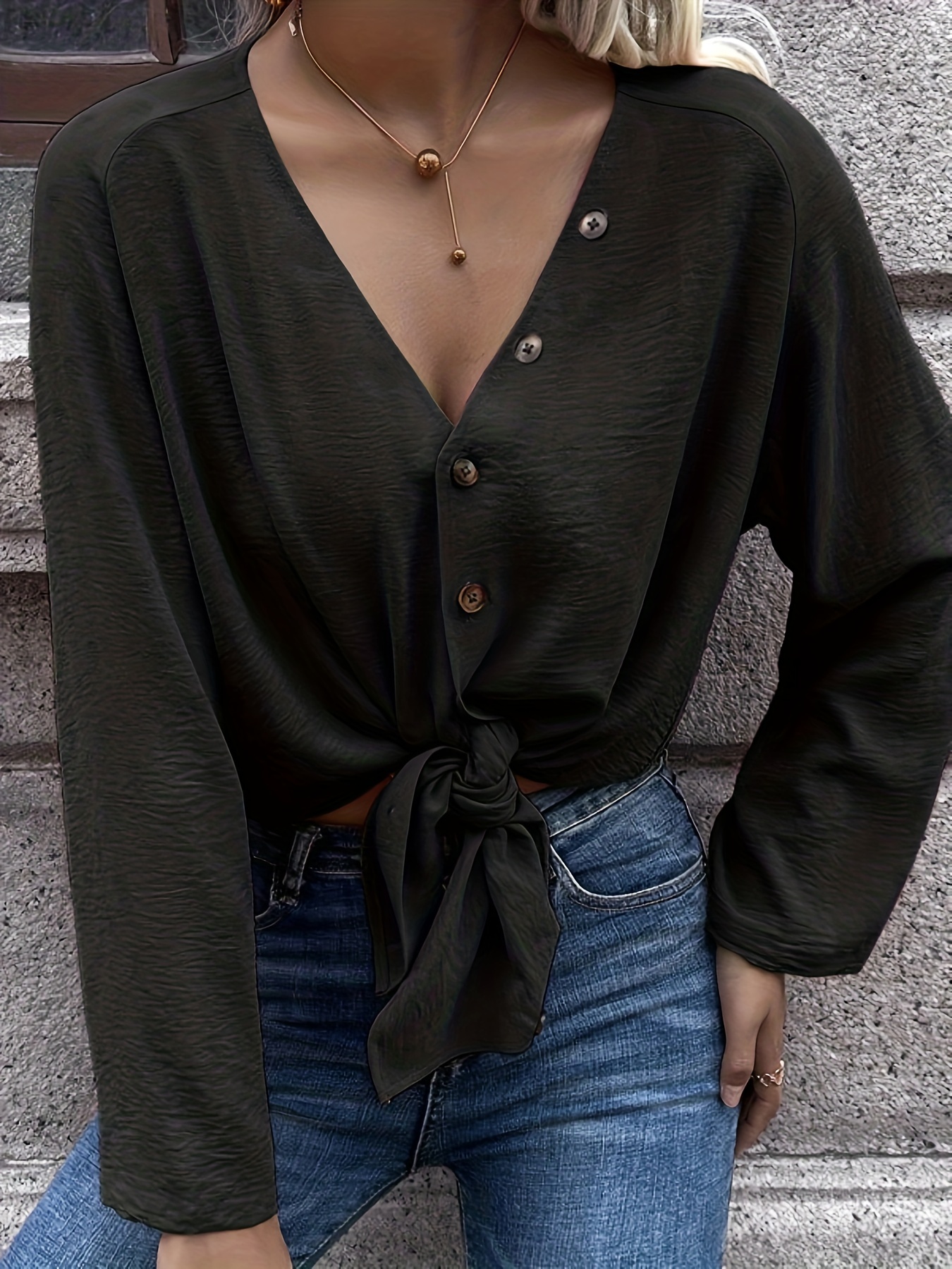 Button Front Solid Blouse, Casual V Neck Long Sleeve Blouse, Women's  Clothing