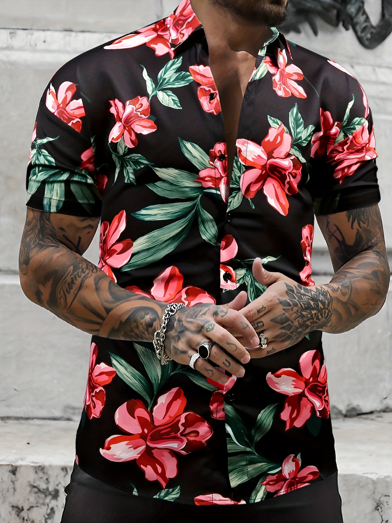 Camisa Hawaiana Manga Corta Estampado Flores Árboles Hombre - Temu
