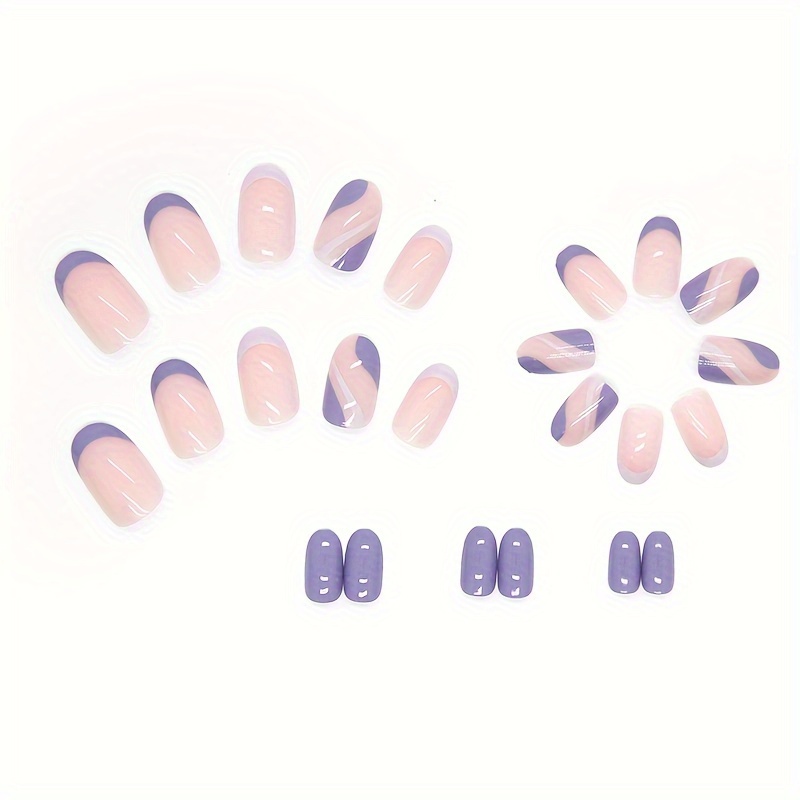 24pcs french tip press on nails short fake nails oval purple nails for women with swirls design details 2