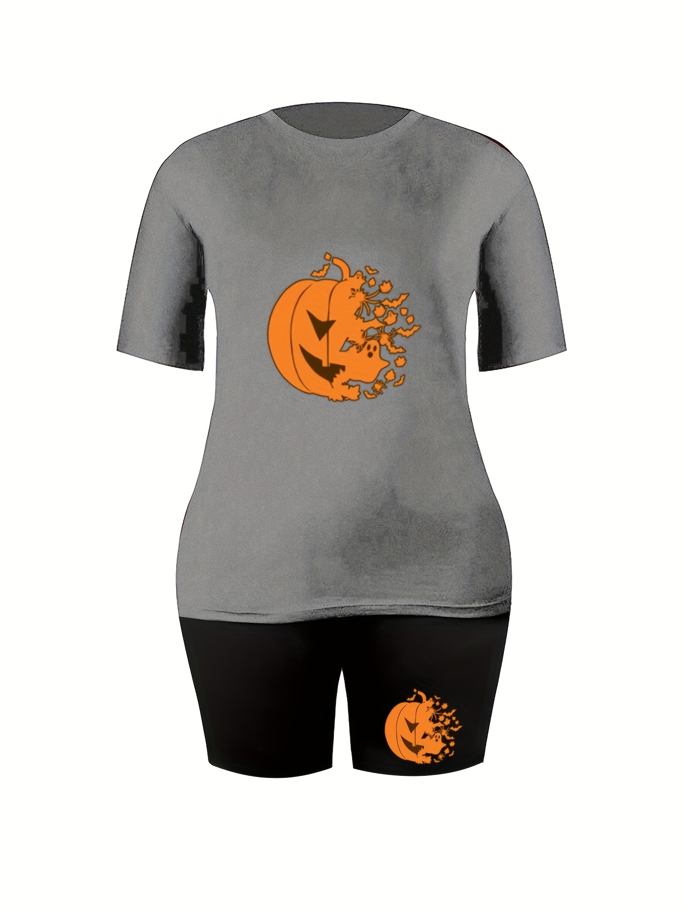 Halloween Pumpkin Print 2pc Set Tee & Biker Shorts Outfit