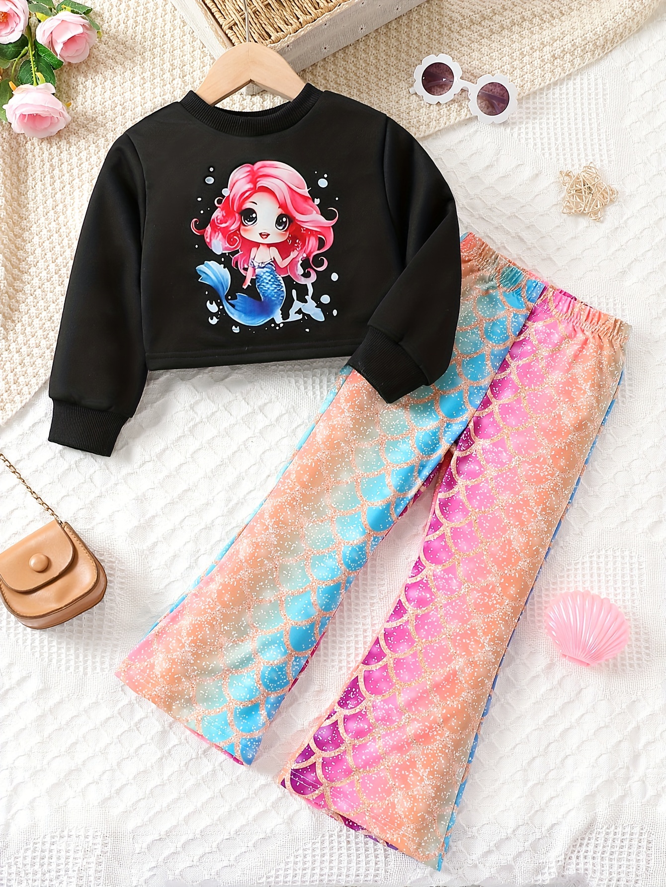 Toddler Girls Mermaid Outfits Cartoon Print Top +fish Scale - Temu