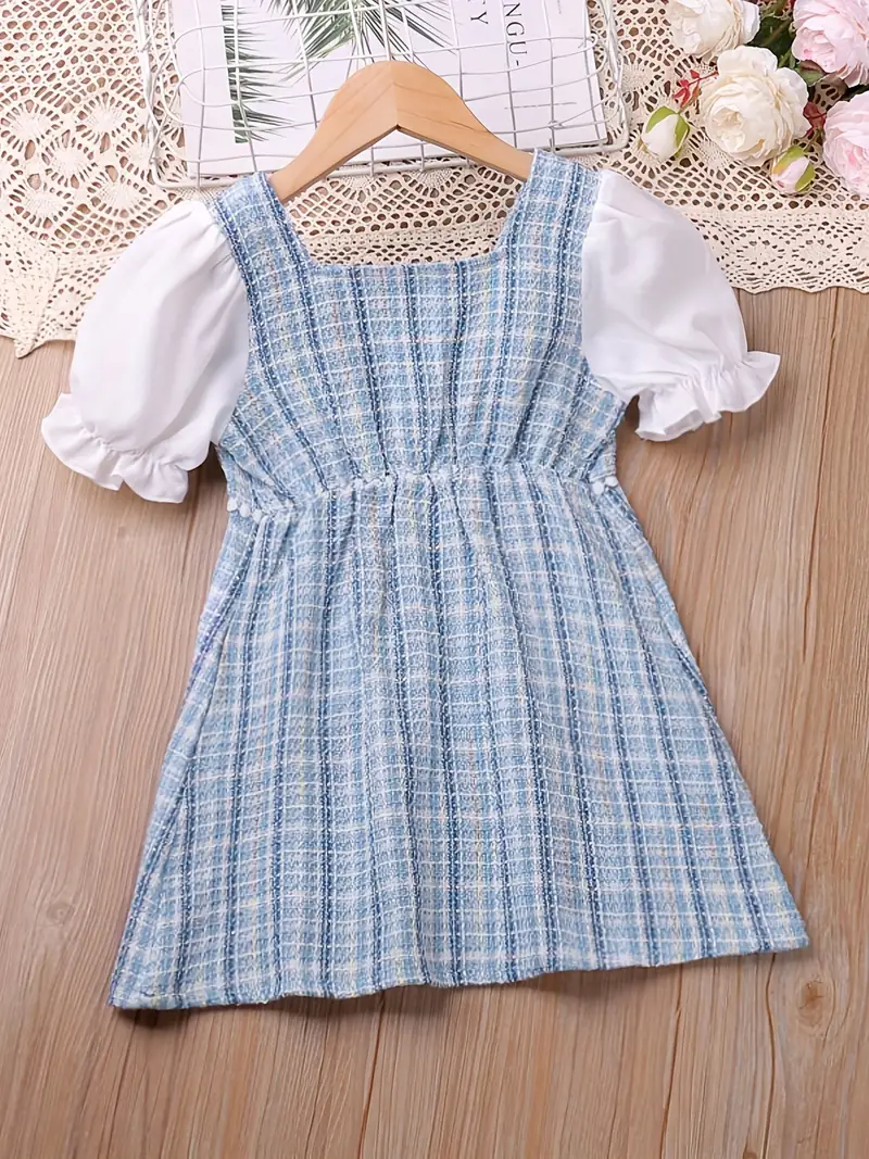 girls elegant pearl button plaid patchwork princess dress for party beach vacation kids summer clothes details 1