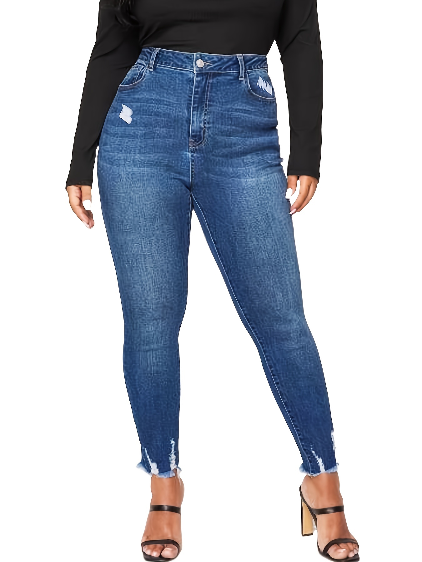 Plus Size High Rise Ripped Carrot Cut Skinny Jeans, Women's Plus