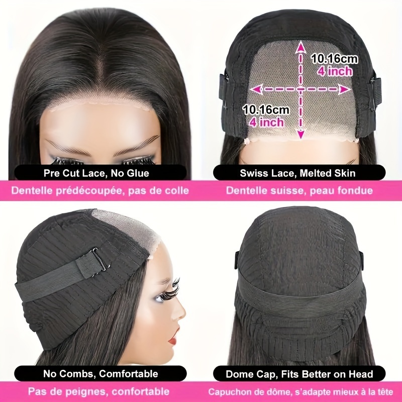 Portez Et Allez Perruques Droites Sans Colle En Cheveux Humains Pour Femmes 4x4 Fermeture Perruques En Cheveux Humains Pré-plumées Perruques Avant En Dentelle Pré-coupées Perruques Droites Courtes Couleur Noire Naturelle 180%