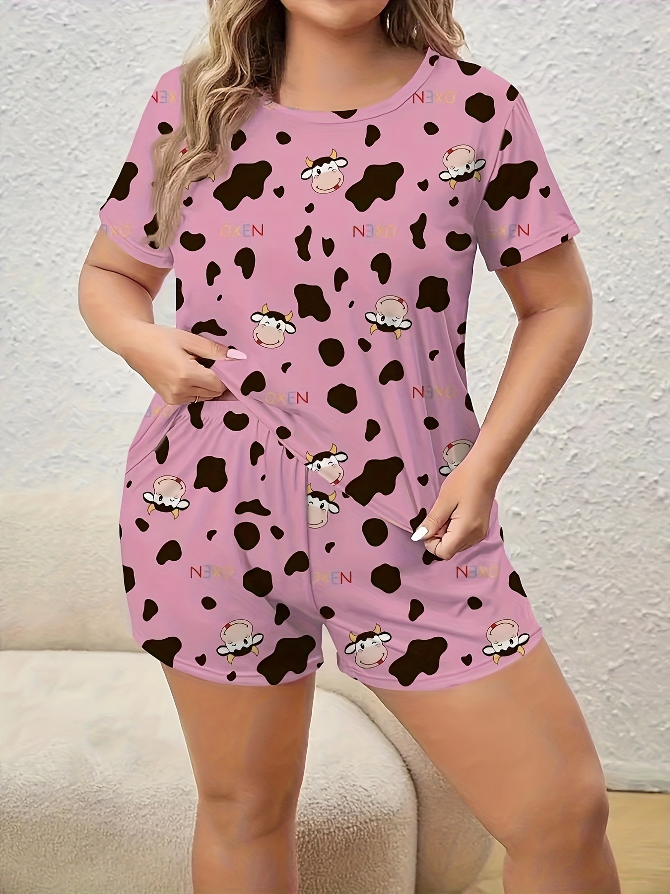 Cartoon Cow Print Pajamas Set Lettuce Trim Cami Crop Top - Temu