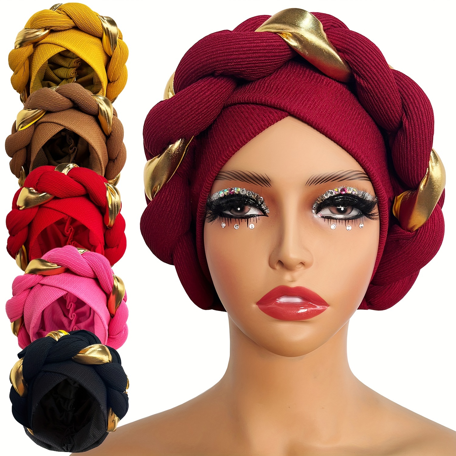 

Golden Big Braid Turban Hat Vintage Solid Color Head Wraps Boho Beanies Elastic Bandana Chemo Cap For Wedding