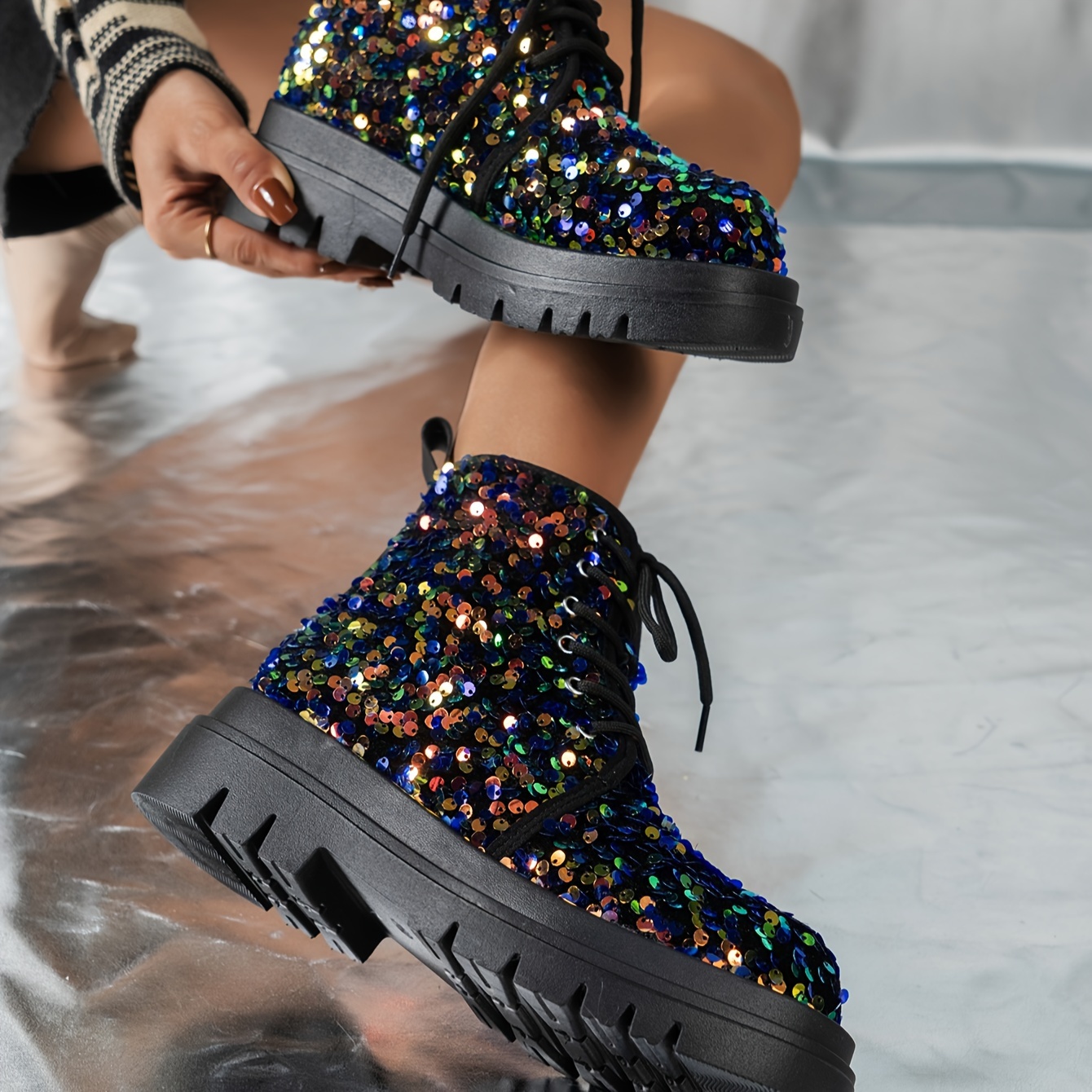 Women's Solid Color Glitter Boots Lace Soft Sole Platform - Temu