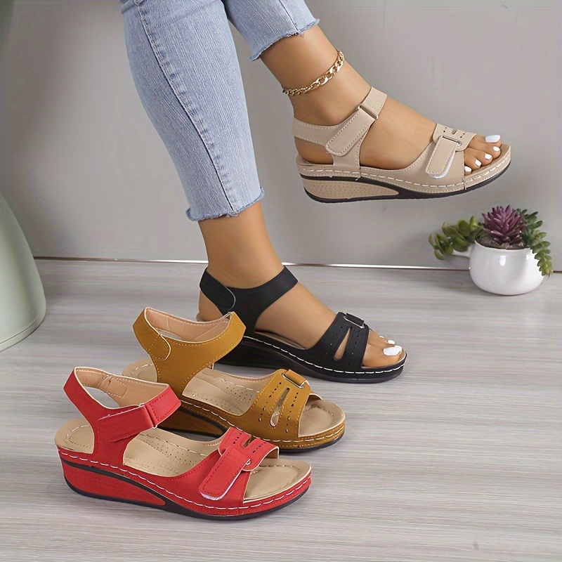 womens solid color platform sandals ankle buckle strap soft sole casual shoes non slip summer wedge shoes details 0