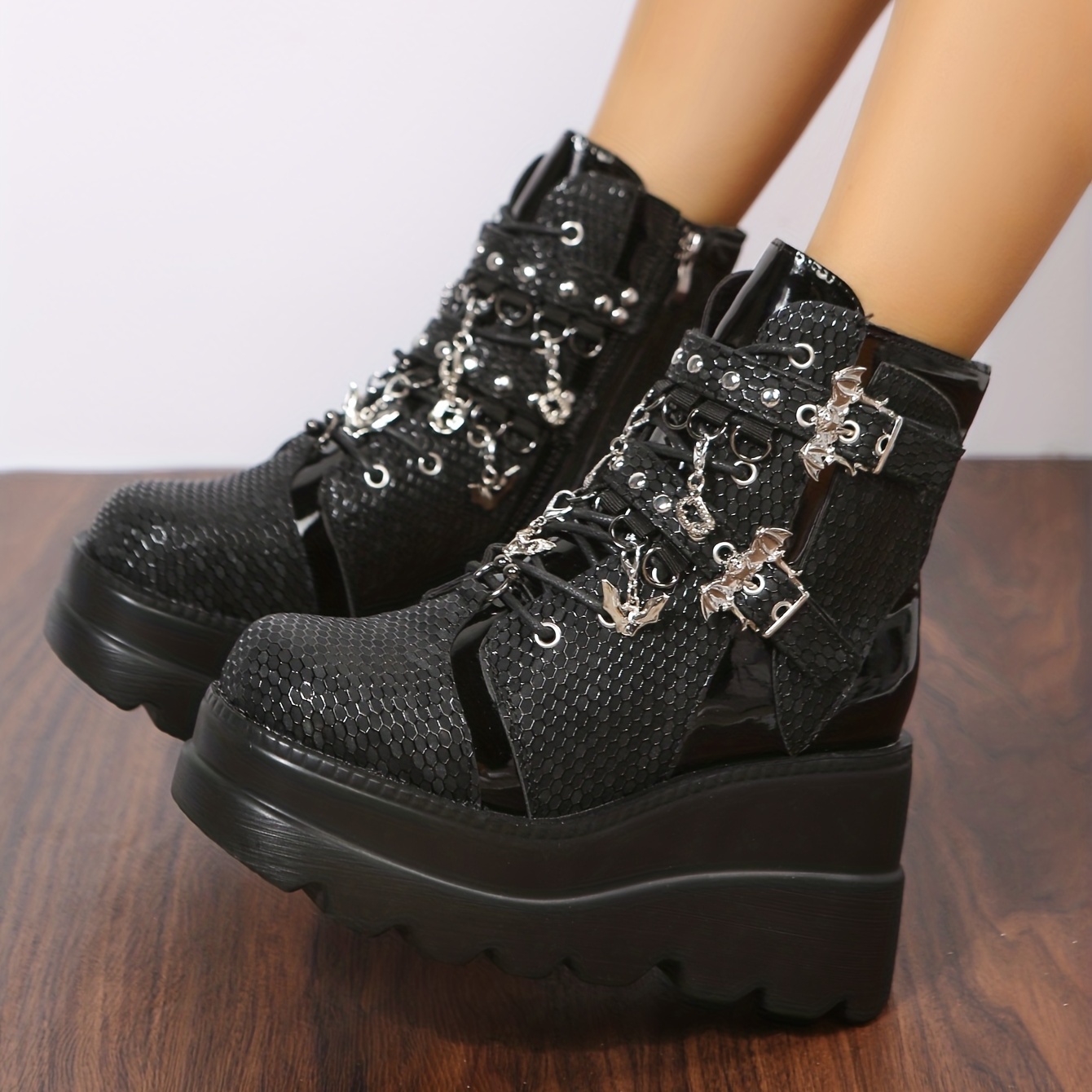 Black Lace Up High Top Platforms Punk Rock Chunky Heels Boots