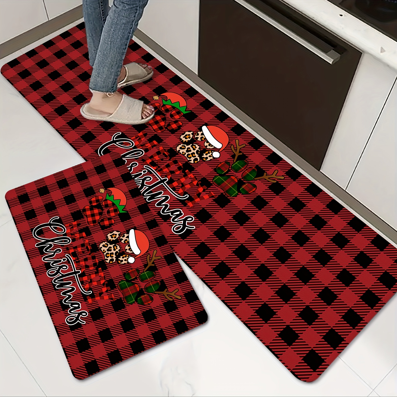 1pc Christmas Floor Mat Red and Black Checker Bath Mat Classic