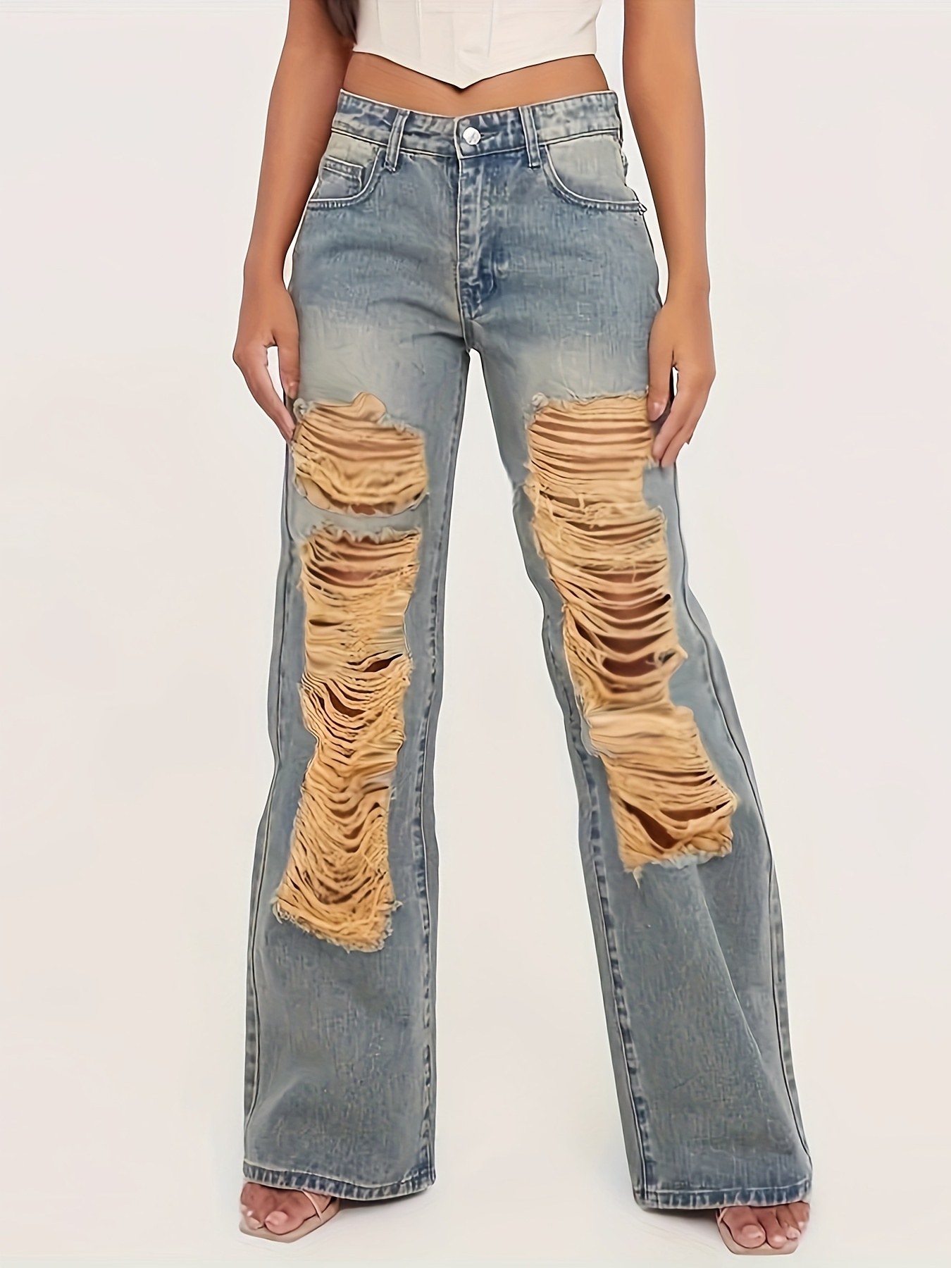 Ripped Holes Retro Style Baggy Jeans, Loose Fit Non-Stretch Wide Legs  Jeans, Women's Denim Jeans & Clothing