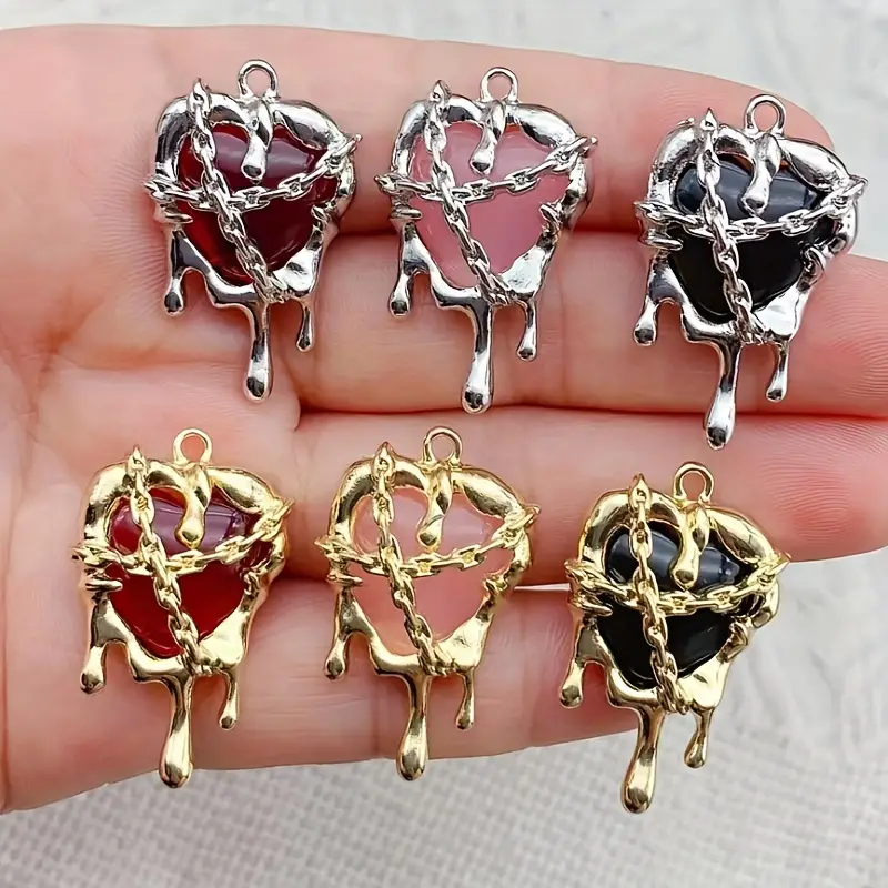6pcs Punk Style Gothic Red Black Melting Drips With Love Heart And Chain  Design Resin Alloy Charms For DIY Jewelry Making Earrings Necklace Bracelet