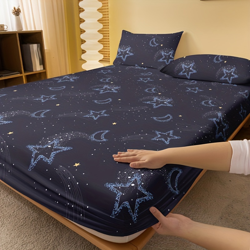 

1pc Star Moon Brushed Print Fitted Sheet, Soft Comfortable Bedding Mattress Protective Cover, For Bedroom, Guest Room, With Deep Pocket, Fitted Bed Sheet Only