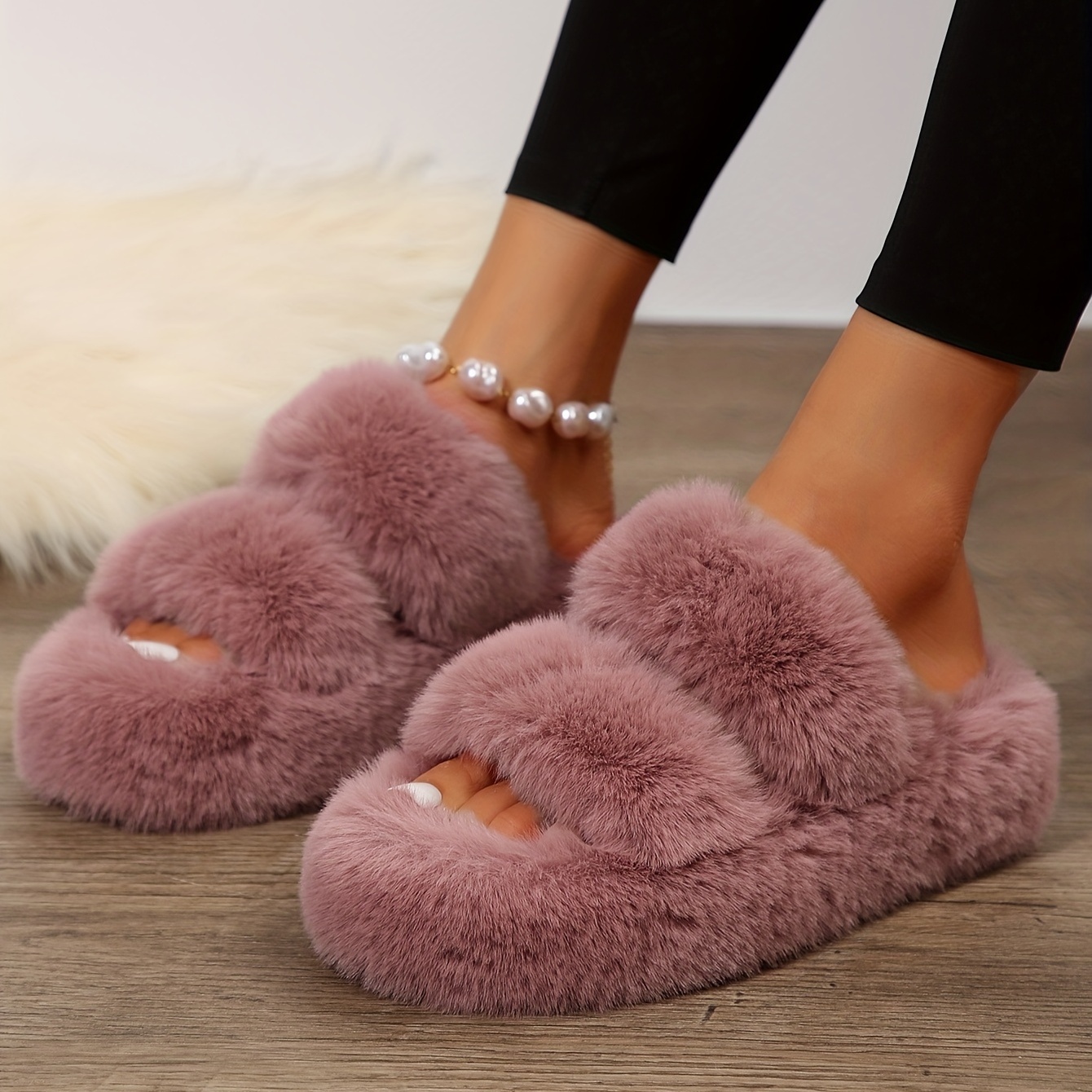 

Double Band Fluffy Plush Home Slippers, Solid Color Open Toe Fuzzy Furry Shoes, Winter Cozy & Warm Slippers