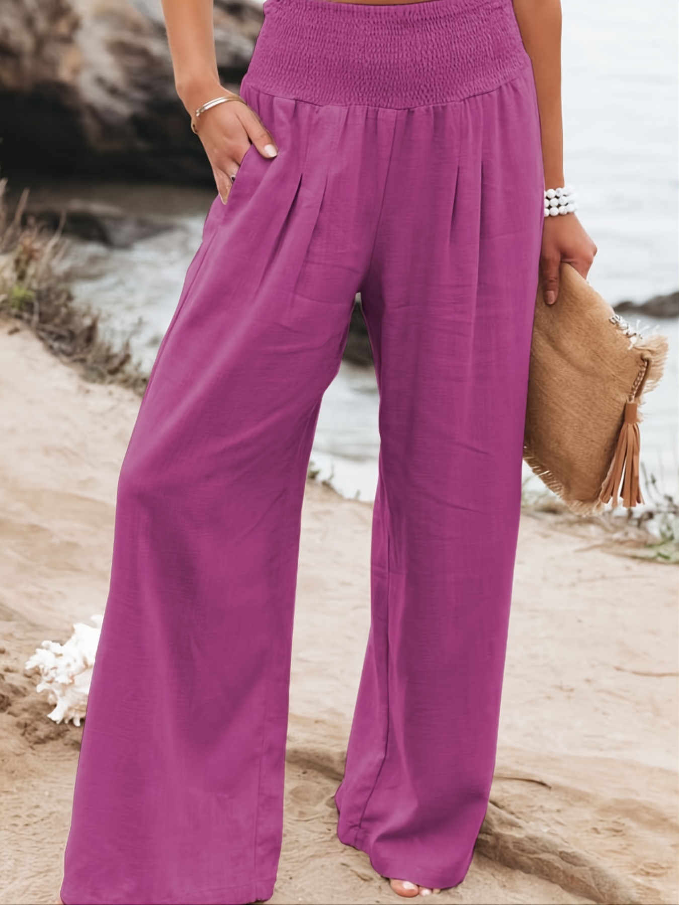 Women's Boho Solid Wide Leg Pants Elastic High Waist - Temu Canada