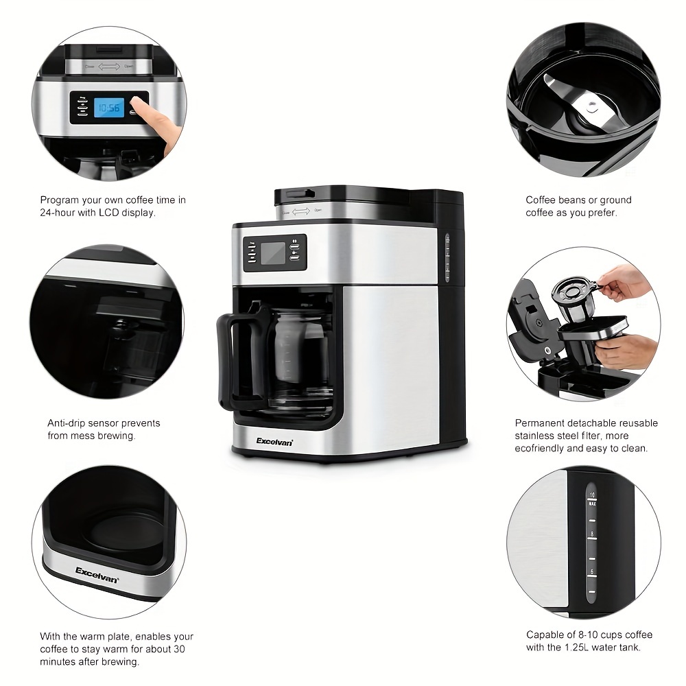 Fully Automatic Coffee Machine Grinder Coffee Maker American Household  Office Grinding One Stainless Steel Body Insulation