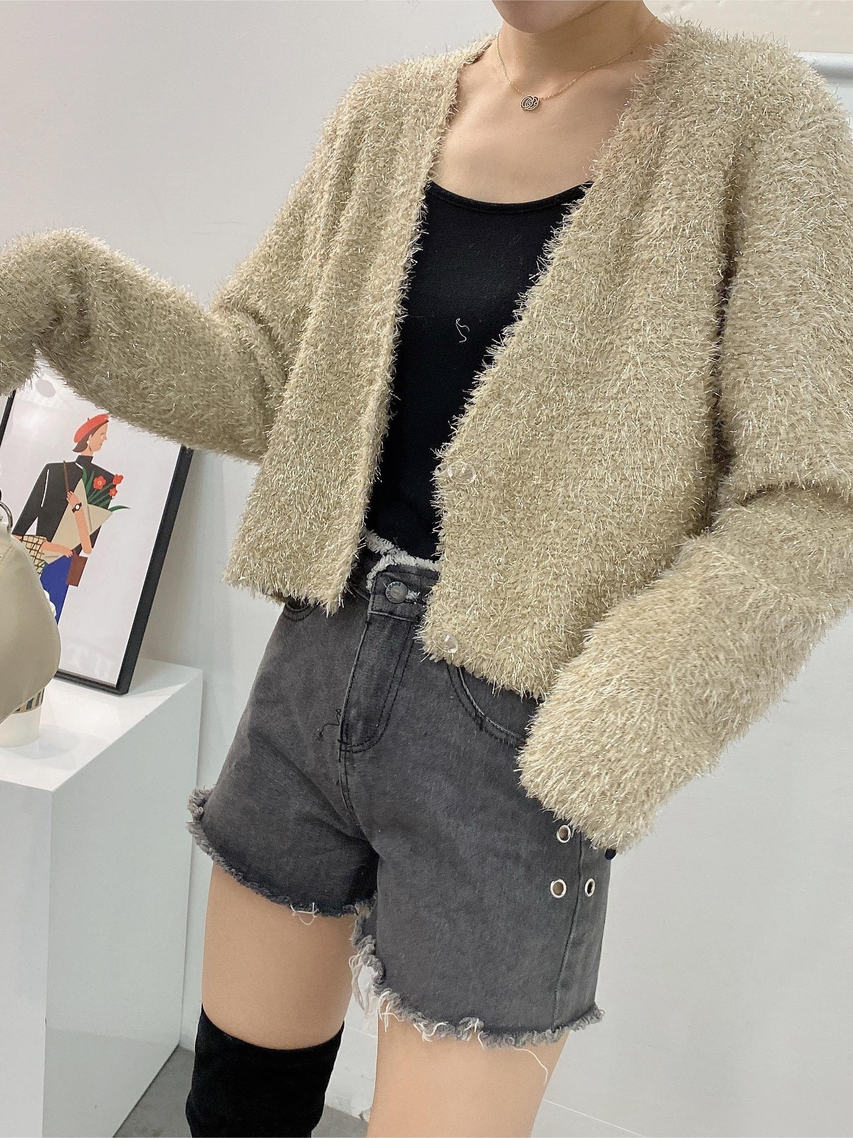 Solid Button Fuzzy Knit Cardigan Elegant Long Sleeve Loose - Temu