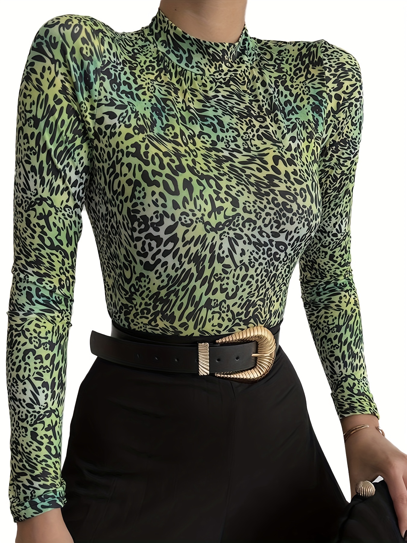 MakeMeChic Women's Plus Size Leopard Print T-Shirt – Mock Neck Long Sleeve Fitted Cut-Out Top - View #8
