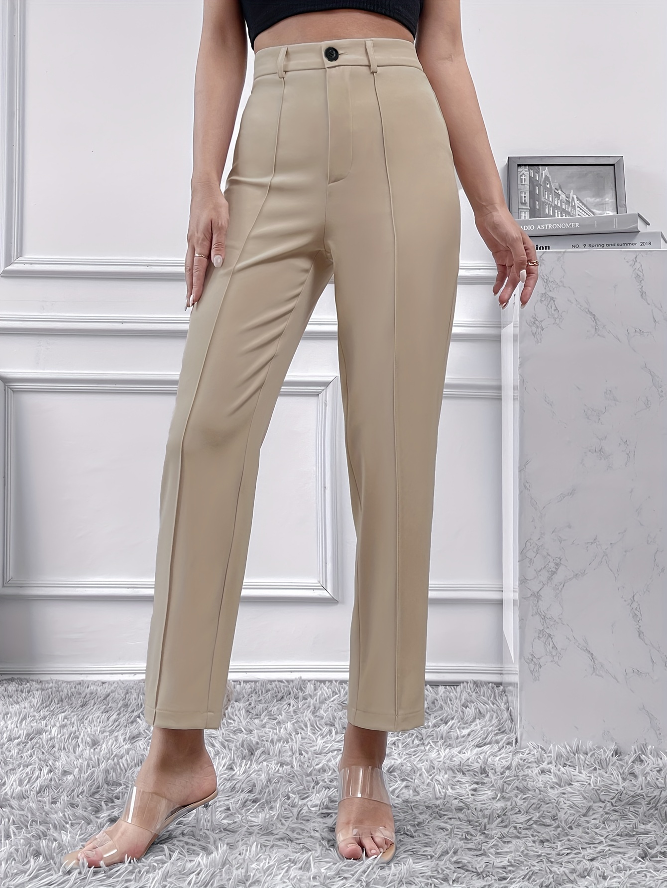 Solid High Waist Tailored Pants Elegant Long Length Work - Temu