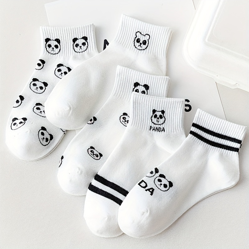 

5 Pairs Cartoon Panda Print Socks, Comfy & Cute Crew Socks, Women's Stockings & Hosiery