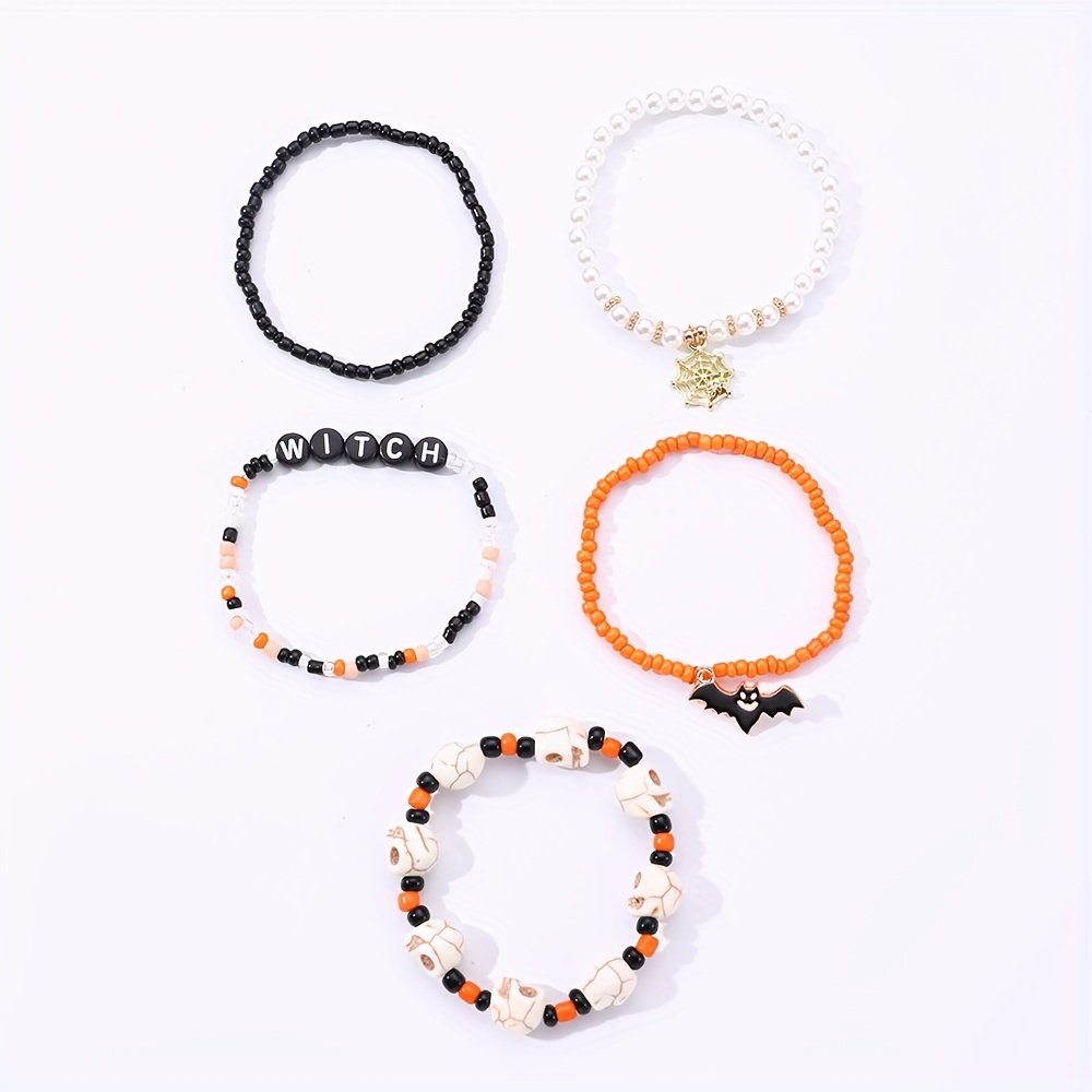 5pcs Halloween Beaded Letter Beads Pumpkin Bracelet, Soft Clay Festival Handicraft Elastic Bracelet Set, Halloween Gifts,Temu