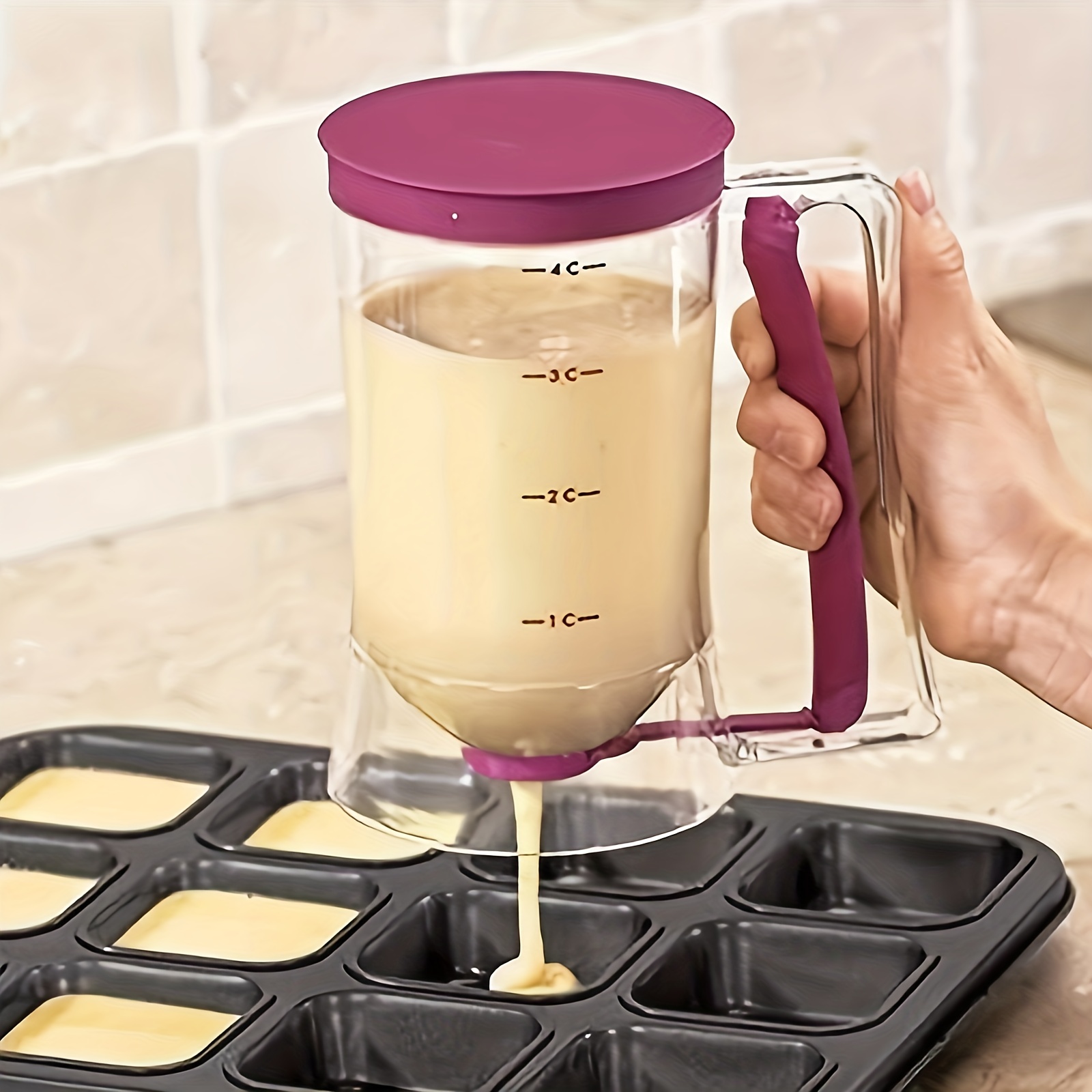 Pancake Batter Dispenser Dough Scoop Measuring Cup Cupcake Funnel Batter  Dough Dispenser Tool With Measuring Label 900ml(1pc, Purple)