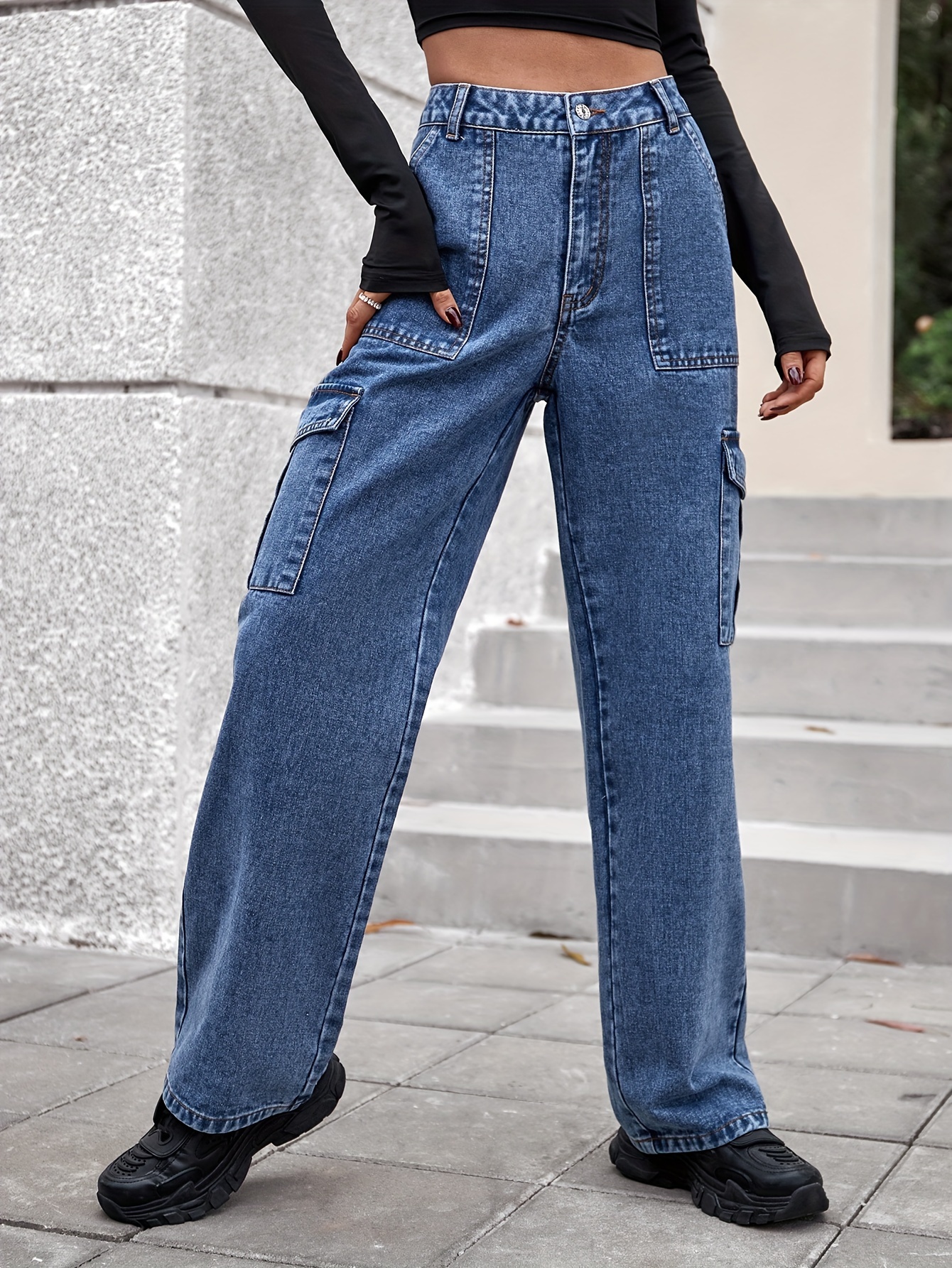 Side Cargo Pockets Exposed Seam Loose Jeans, Slash Pocket Peacock Blue  Casual Stylish Denim Pants, Women's Denim Jeans & Clothing