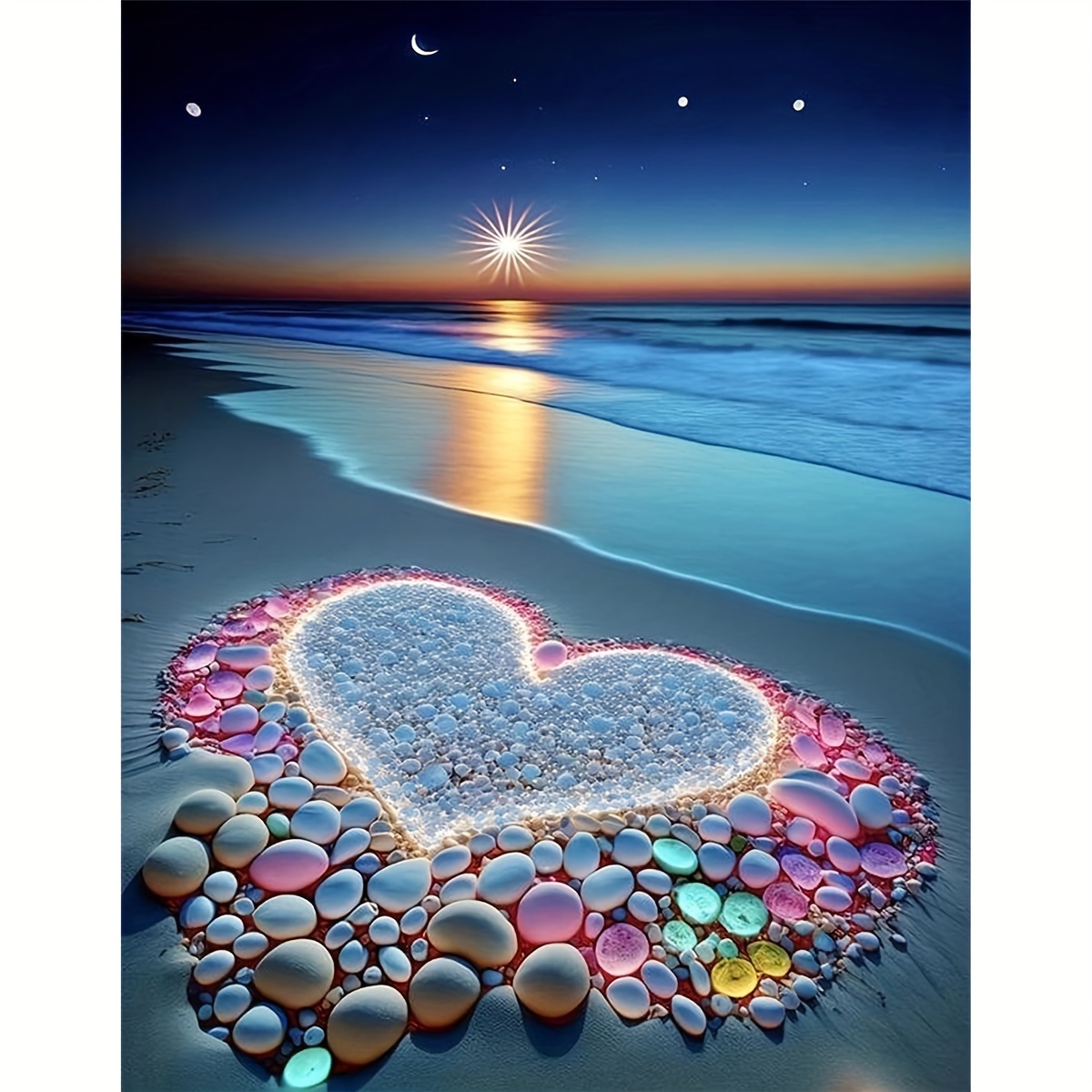 1pc 11.8×15.7 Inch DIY 5D Frameless Diamond Painting Seaside Beach Romantic  Love Heart Wall Art Decor Mosaic Home Art Gift