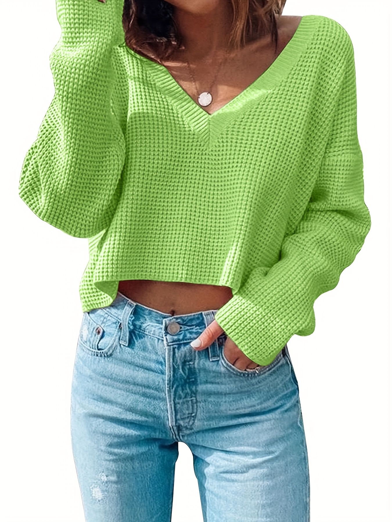 Solid V Neck Crop Pullover Sweater Casual Long Sleeve - Temu