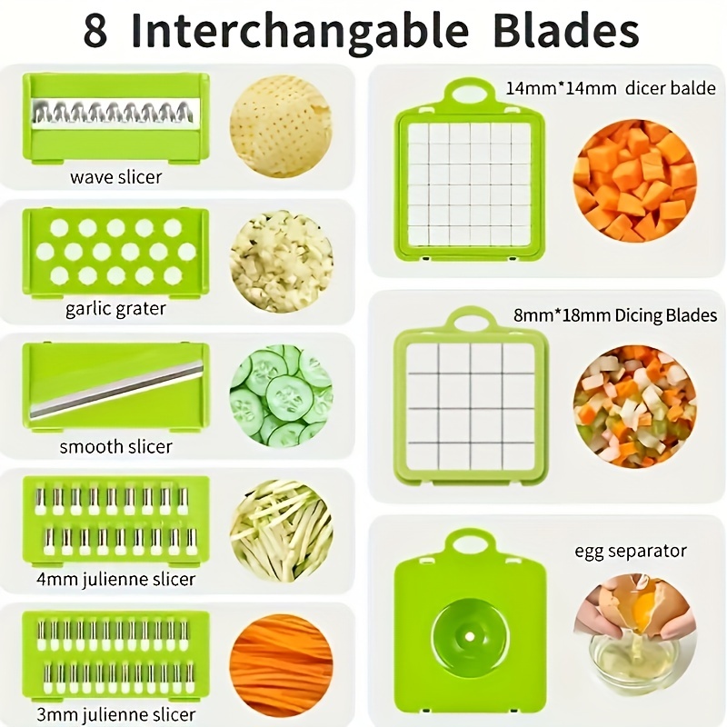 1 Set Kitchen Vegetable Chopper, 15-in-1 Food Cutter With 8 Stainless Steel  Blades And Container - Ideal For Slicing Onions, Garlic, And More