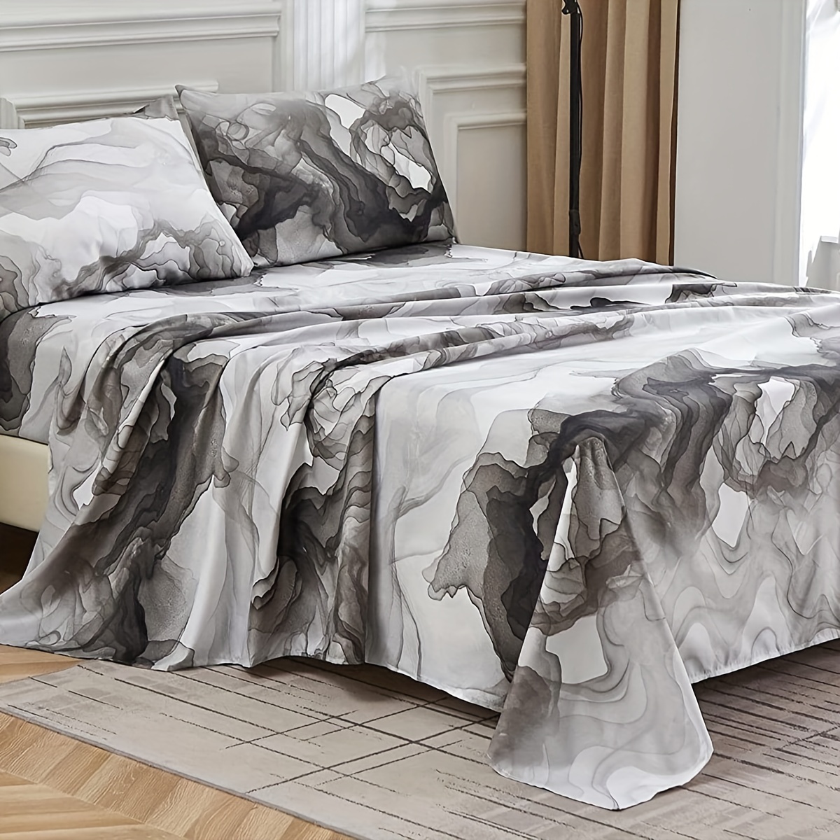4pcs soft and breathable ink fluid painting bedding set for bedroom guest room hotel and dorm includes 1 flat sheet 1 fitted sheet and 2 pillowcases core free